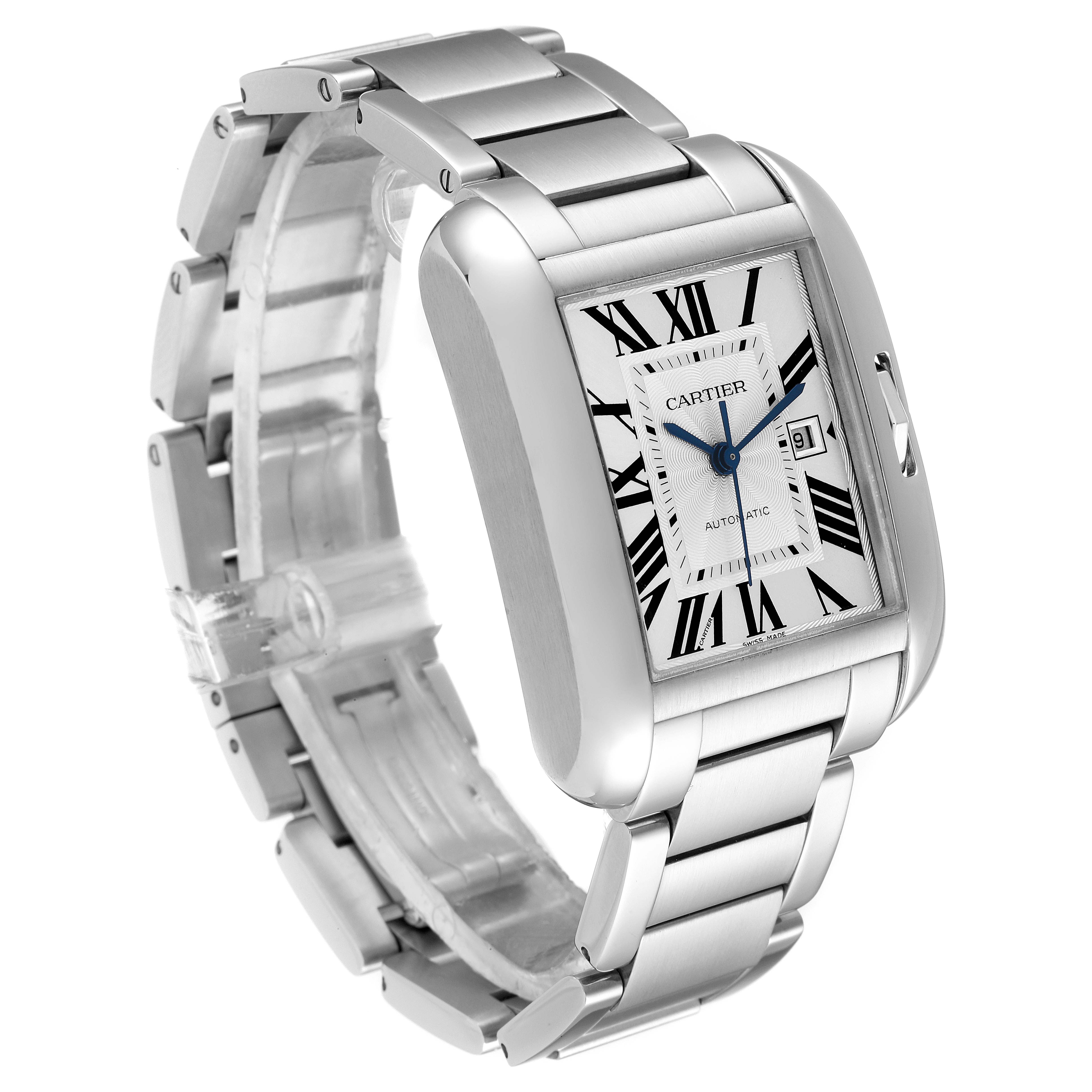 The image shows a Tank Anglaise model by Cartier at a three-quarter angle, highlighting the watch face, bracelet, and date display.