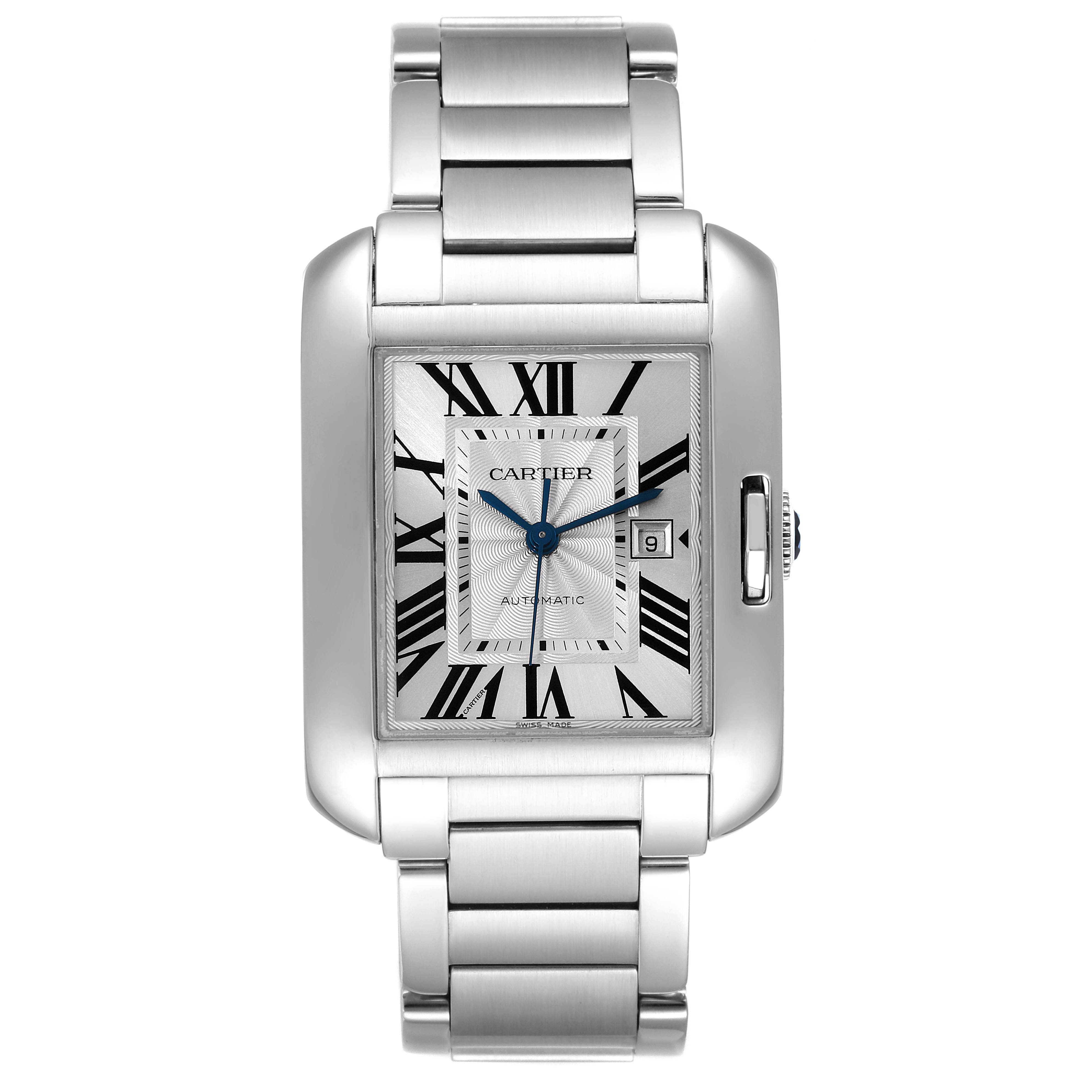 The image shows a frontal view of the Cartier Tank Anglaise W5310009 Men's Stainless Steel Silver Dial W5310009 Men's Stainless Steel Silver Dial watch, displaying the dial, case, bracelet, and crown.