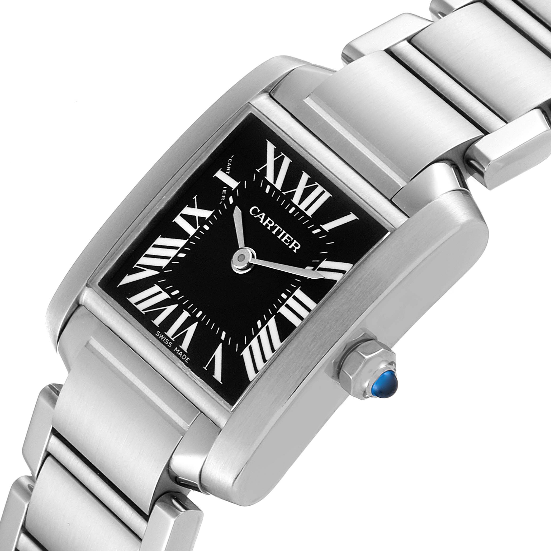 The image shows a Cartier Tank Francaise W51026Q3 Women's Stainless Steel Black Dial W51026Q3 Women's Stainless Steel Black Dial watch at a slight angle, highlighting the face, crown, and part of the bracelet.