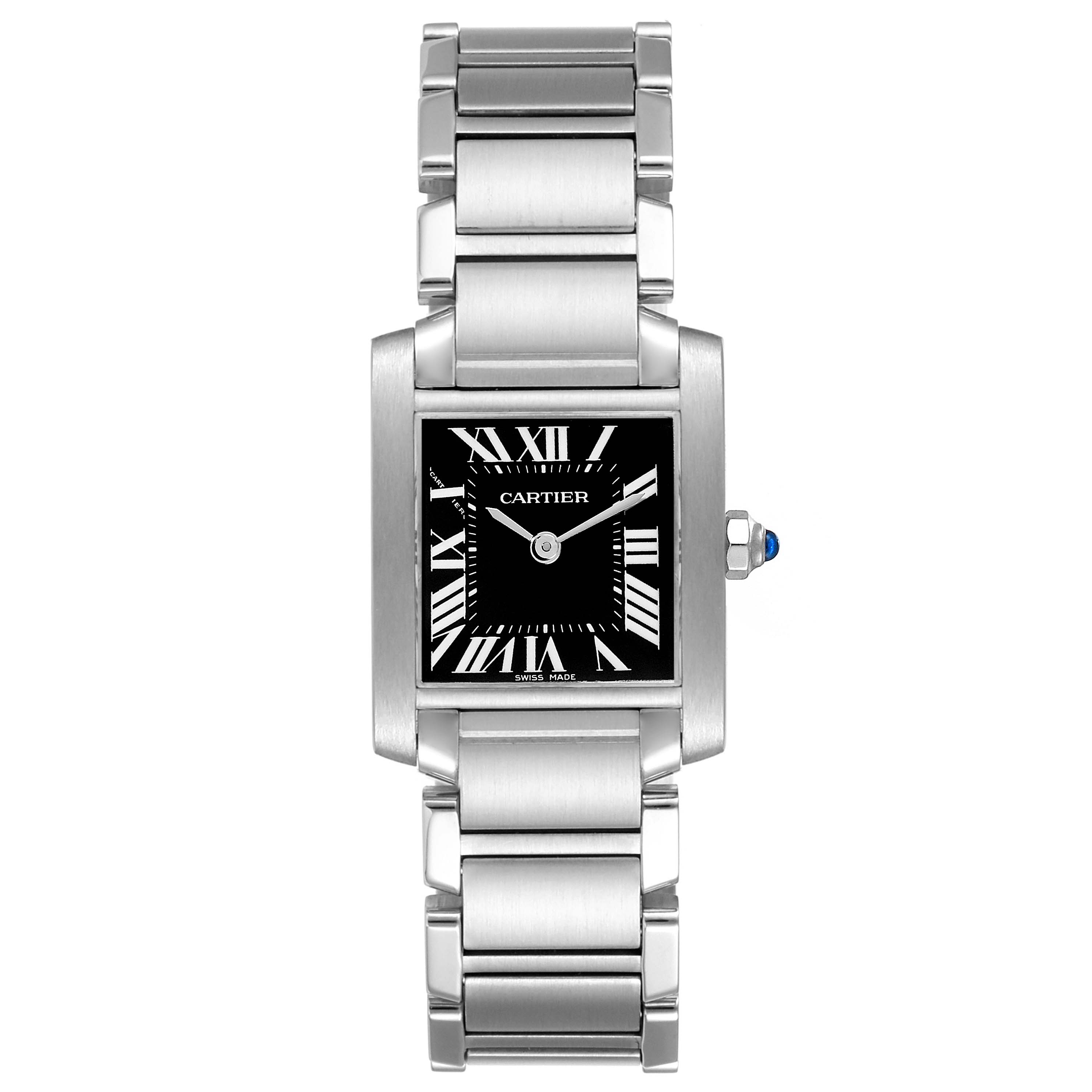This image shows a front view of a Cartier Tank Francaise W51026Q3 Women's Stainless Steel Black Dial W51026Q3 Women's Stainless Steel Black Dial watch, highlighting its rectangular face and stainless steel bracelet.