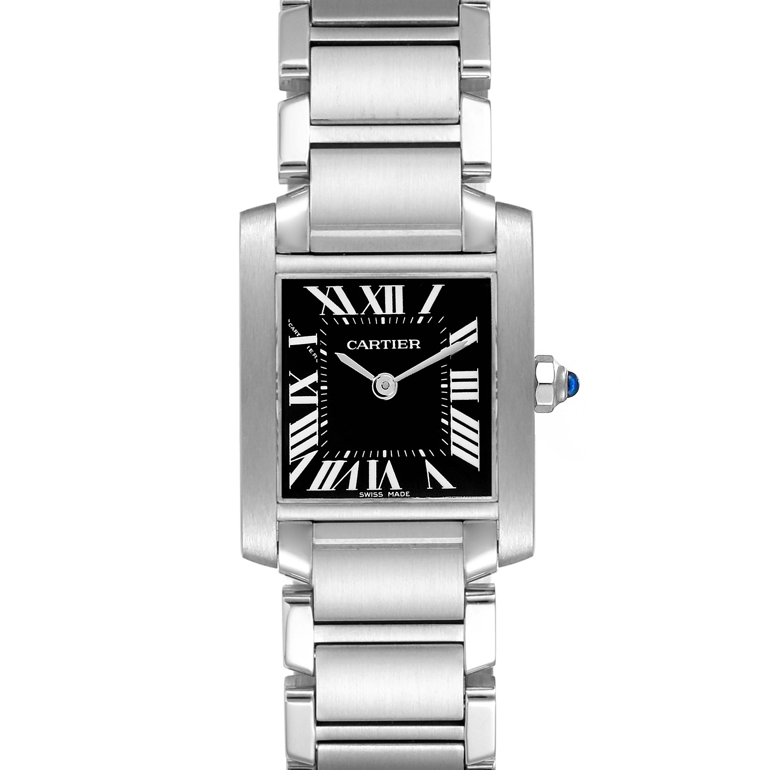 The Cartier Tank Francaise W51026Q3 Women's Stainless Steel Black Dial W51026Q3 Women's Stainless Steel Black Dial watch is shown from a front angle, displaying its face, bracelet, and crown.