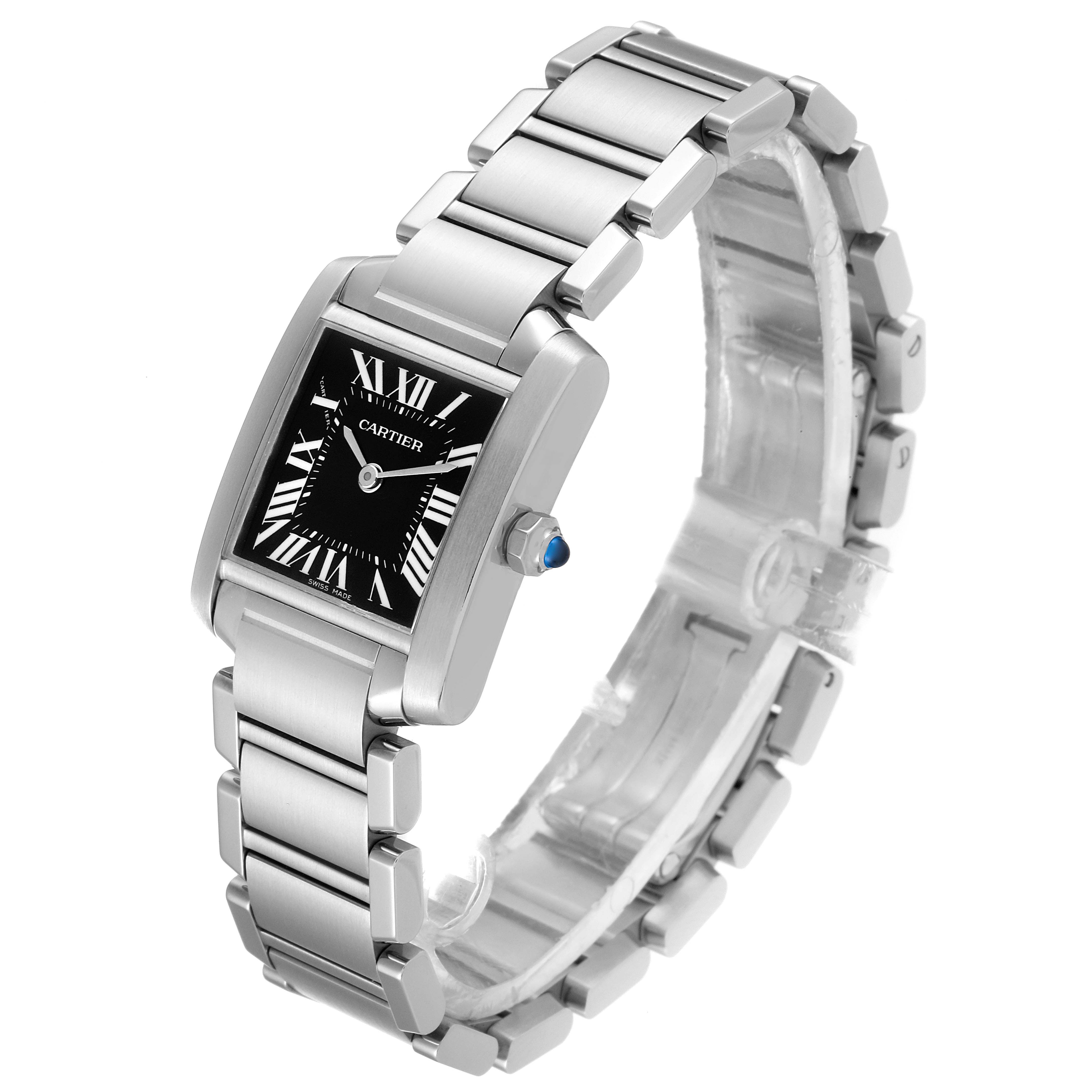 The image shows a Cartier Tank Francaise W51026Q3 Women's Stainless Steel Black Dial W51026Q3 Women's Stainless Steel Black Dial watch at a slight angle, highlighting its black dial, Roman numeral markers, and stainless steel bracelet.
