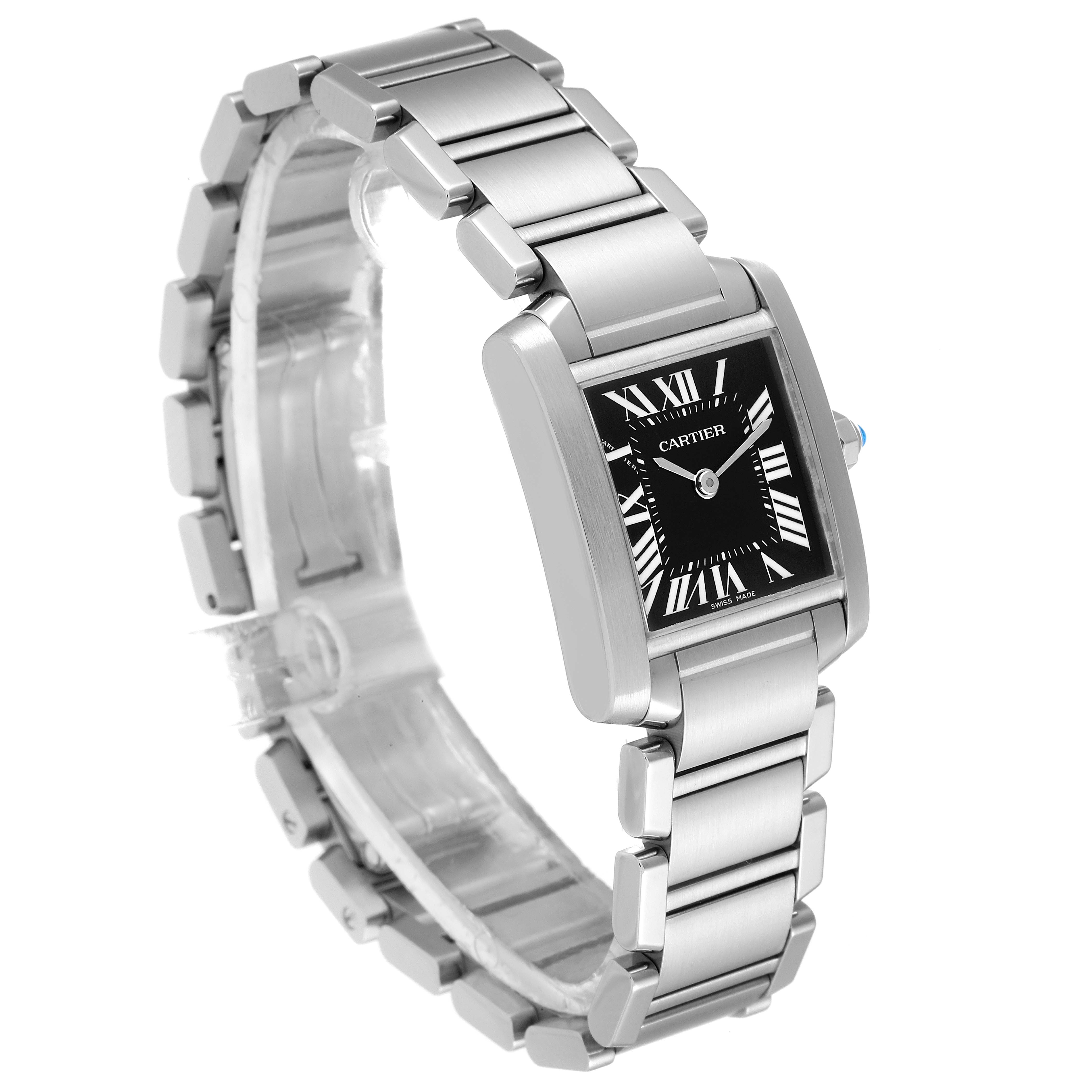 The image shows a top-left angled view of the Cartier Tank Francaise W51026Q3 Women's Stainless Steel Black Dial W51026Q3 Women's Stainless Steel Black Dial watch, displaying its rectangular face, Roman numerals, and metal band.