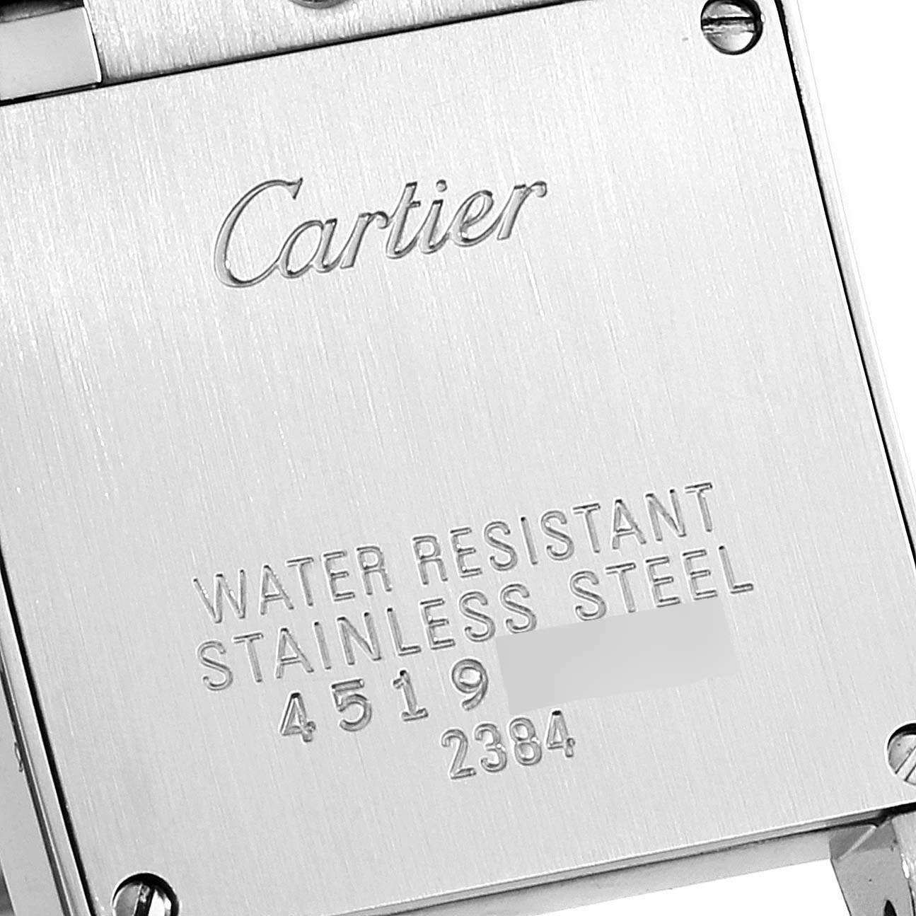 This image shows the back case of a Cartier Tank Francaise W51026Q3 Women's Stainless Steel Black Dial W51026Q3 Women's Stainless Steel Black Dial watch, highlighting its water resistance and stainless steel construction.