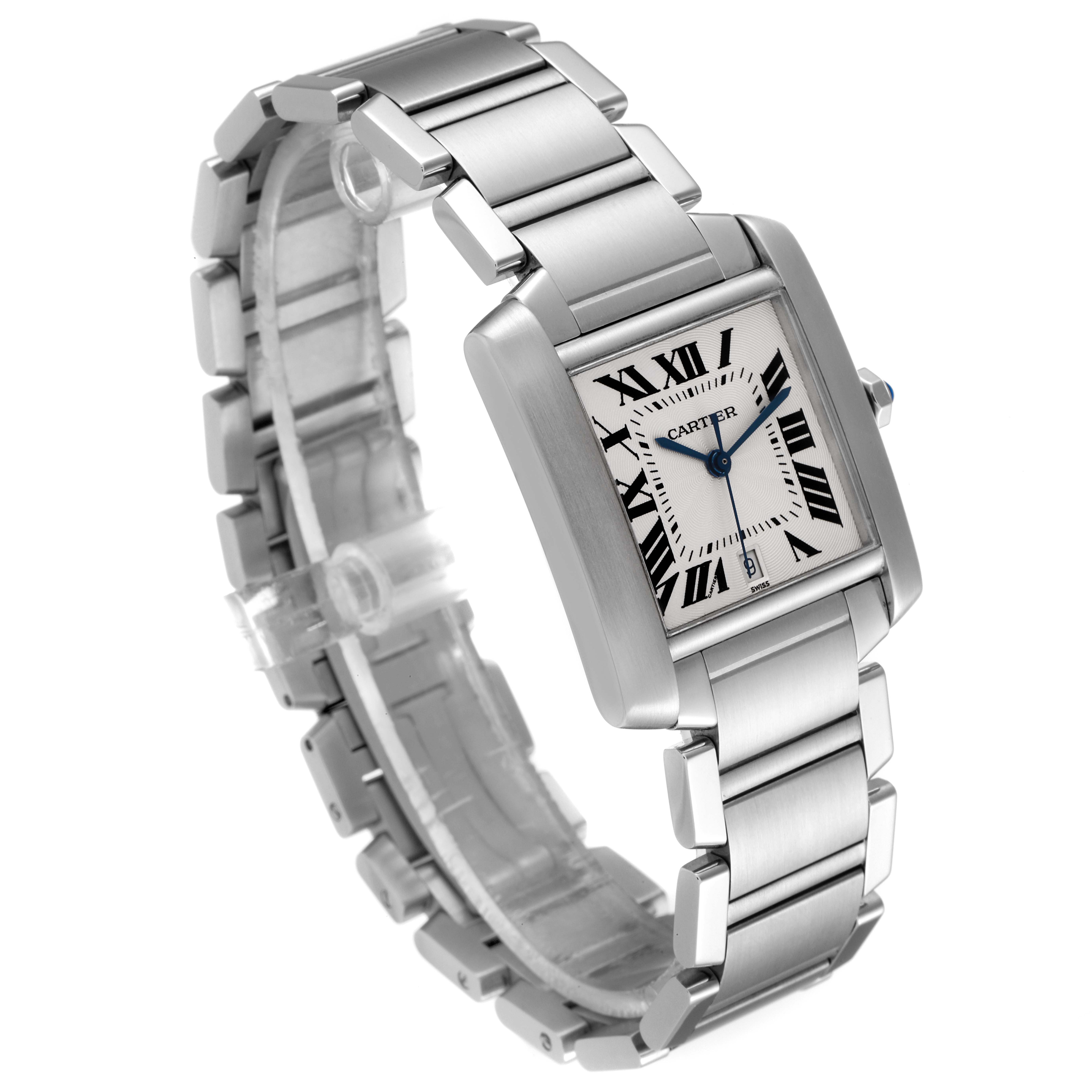 The Cartier Tank Francaise W51002Q3 Men's Stainless Steel Silver Dial W51002Q3 Men's Stainless Steel Silver Dial watch is shown at an angled view, highlighting the rectangular face, Roman numeral dial, and metallic bracelet.