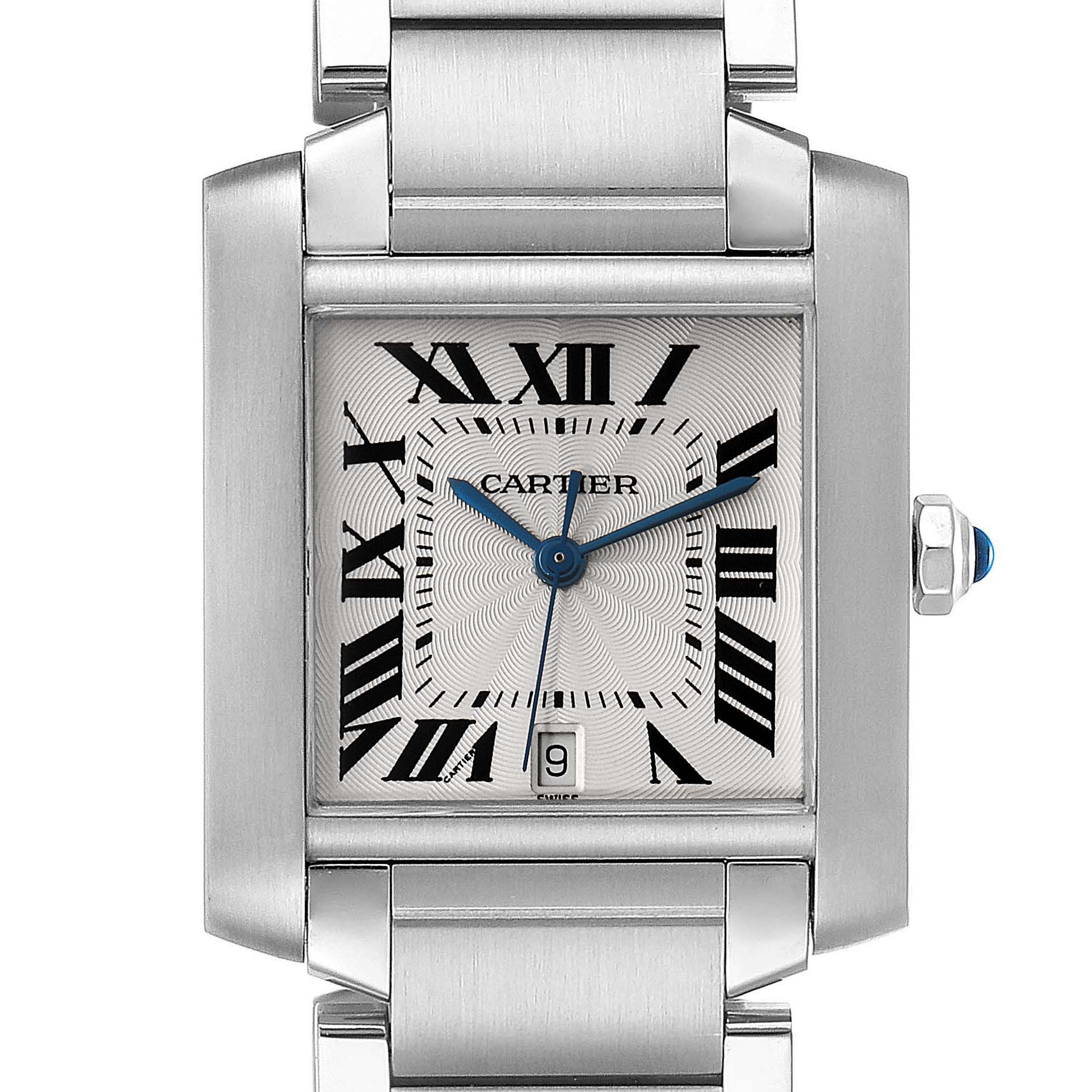 This image shows a front view of the Cartier Tank Francaise W51002Q3 Men's Stainless Steel Silver Dial W51002Q3 Men's Stainless Steel Silver Dial watch, highlighting its dial, bezel, and bracelet.