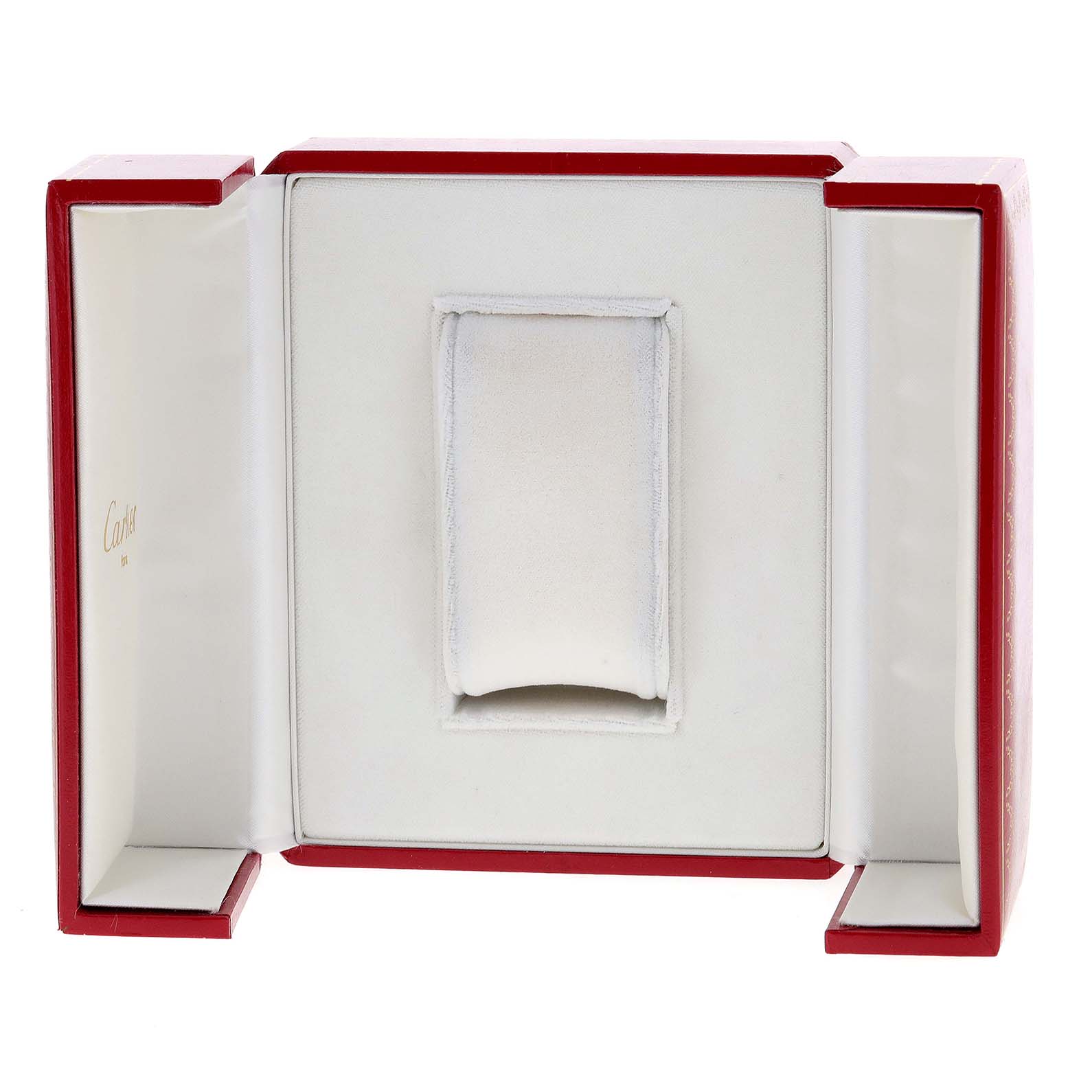 The image displays an open Cartier watch box for the Tank Francaise model.