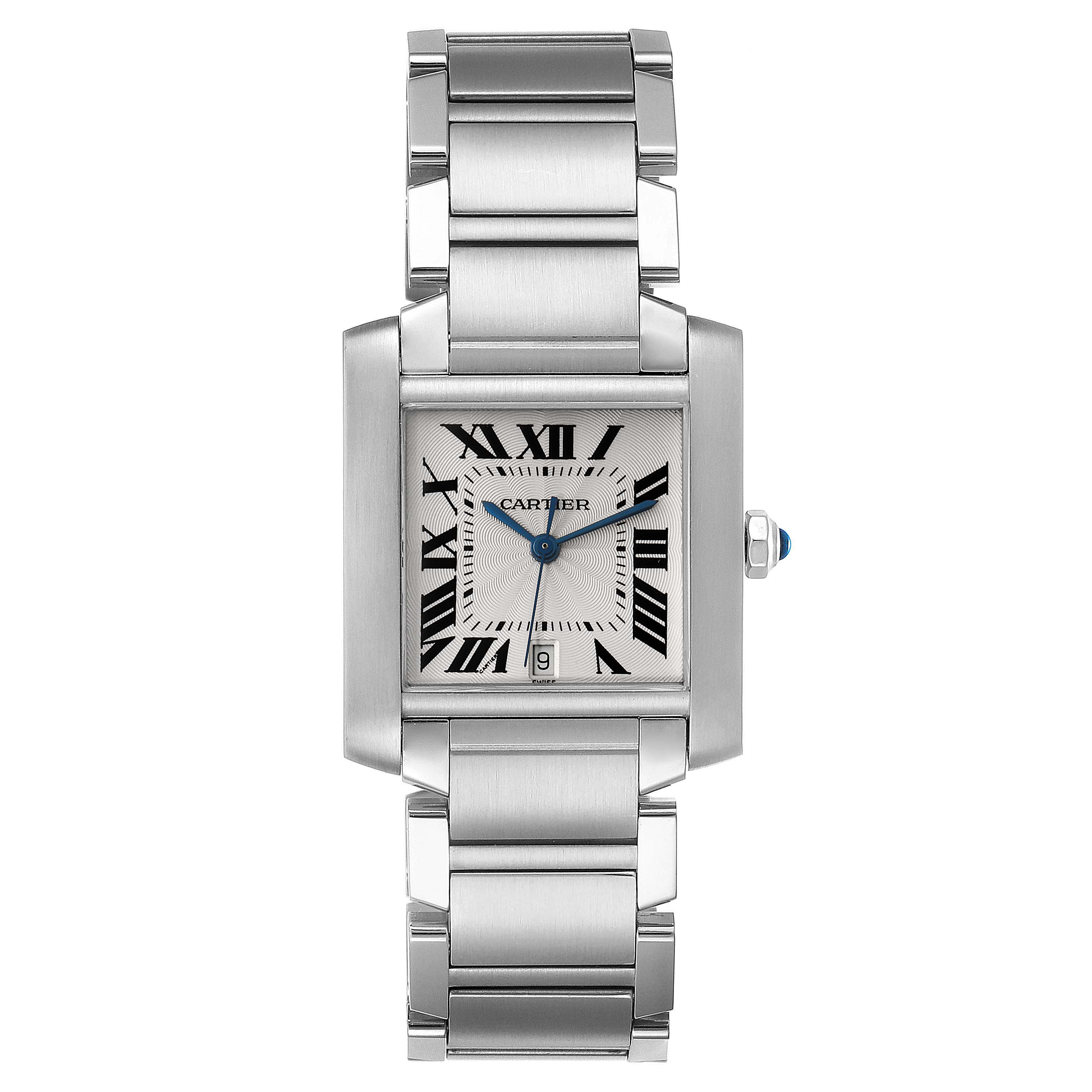 This is a frontal view of the Cartier Tank Française model watch, showing the face, bracelet, crown, and case.