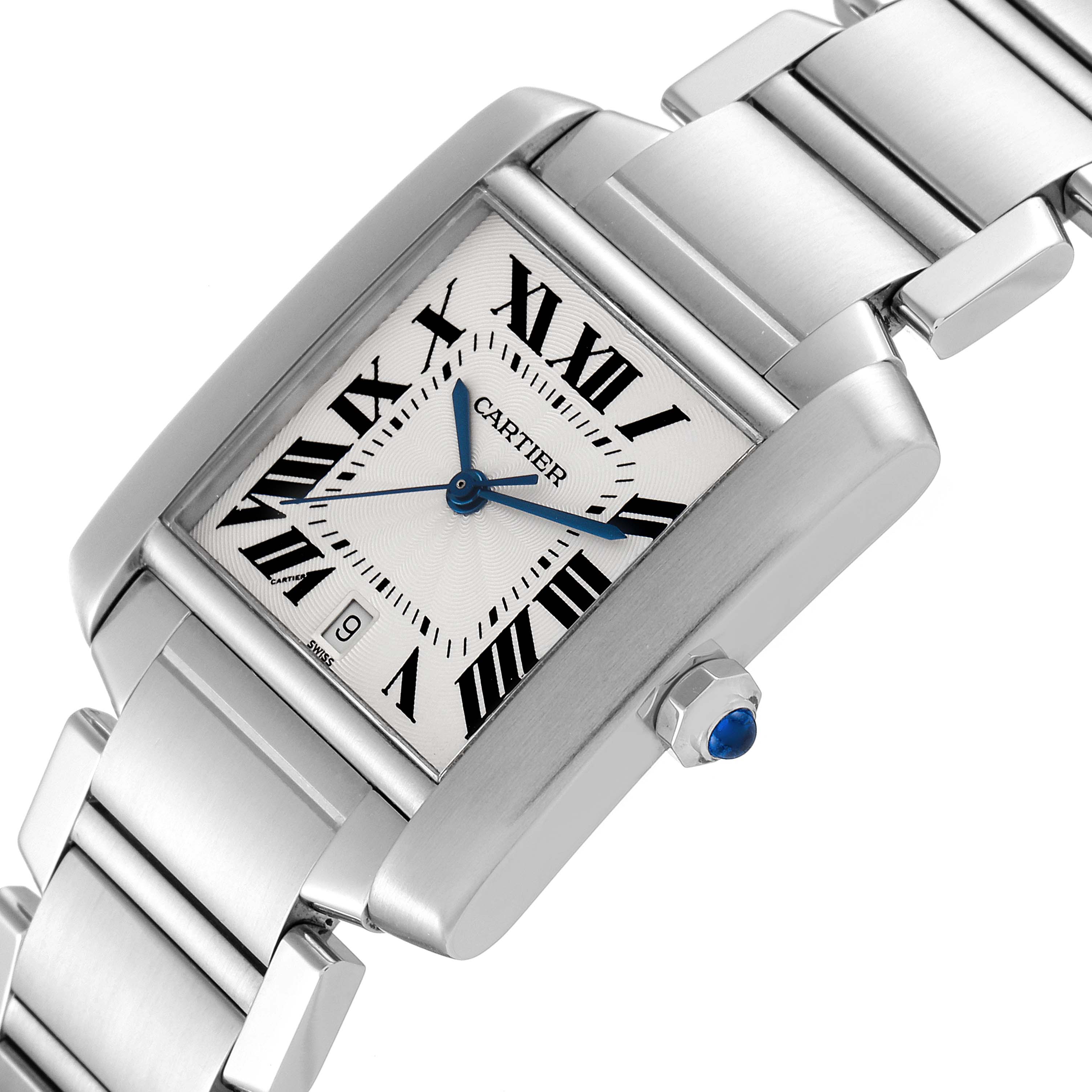 The image shows a tilted angle of the Cartier Tank Française watch, displaying its face, bracelet, and crown.