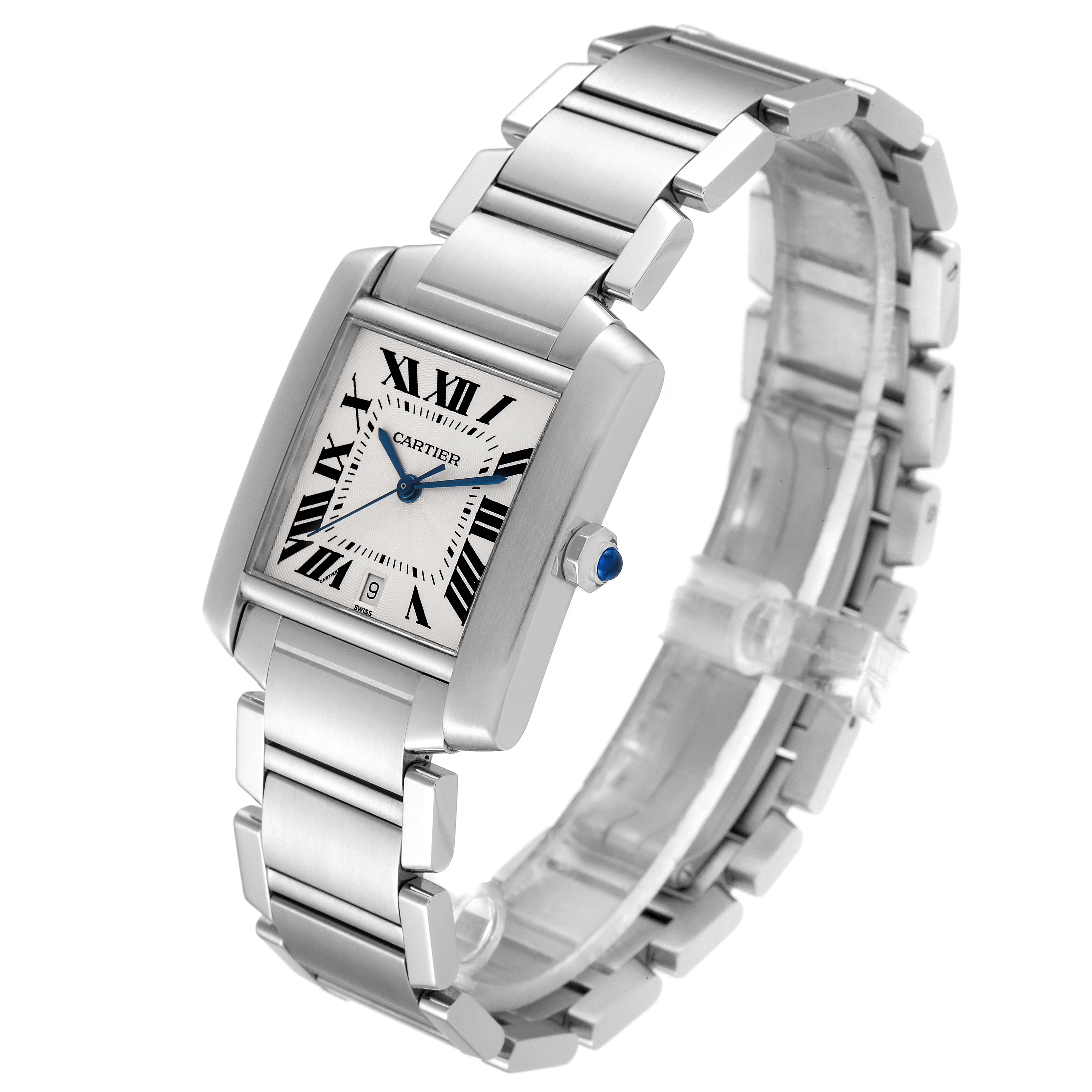 The image shows a three-quarter angled view of the Cartier Tank Française watch, highlighting its face, bracelet, and crown.