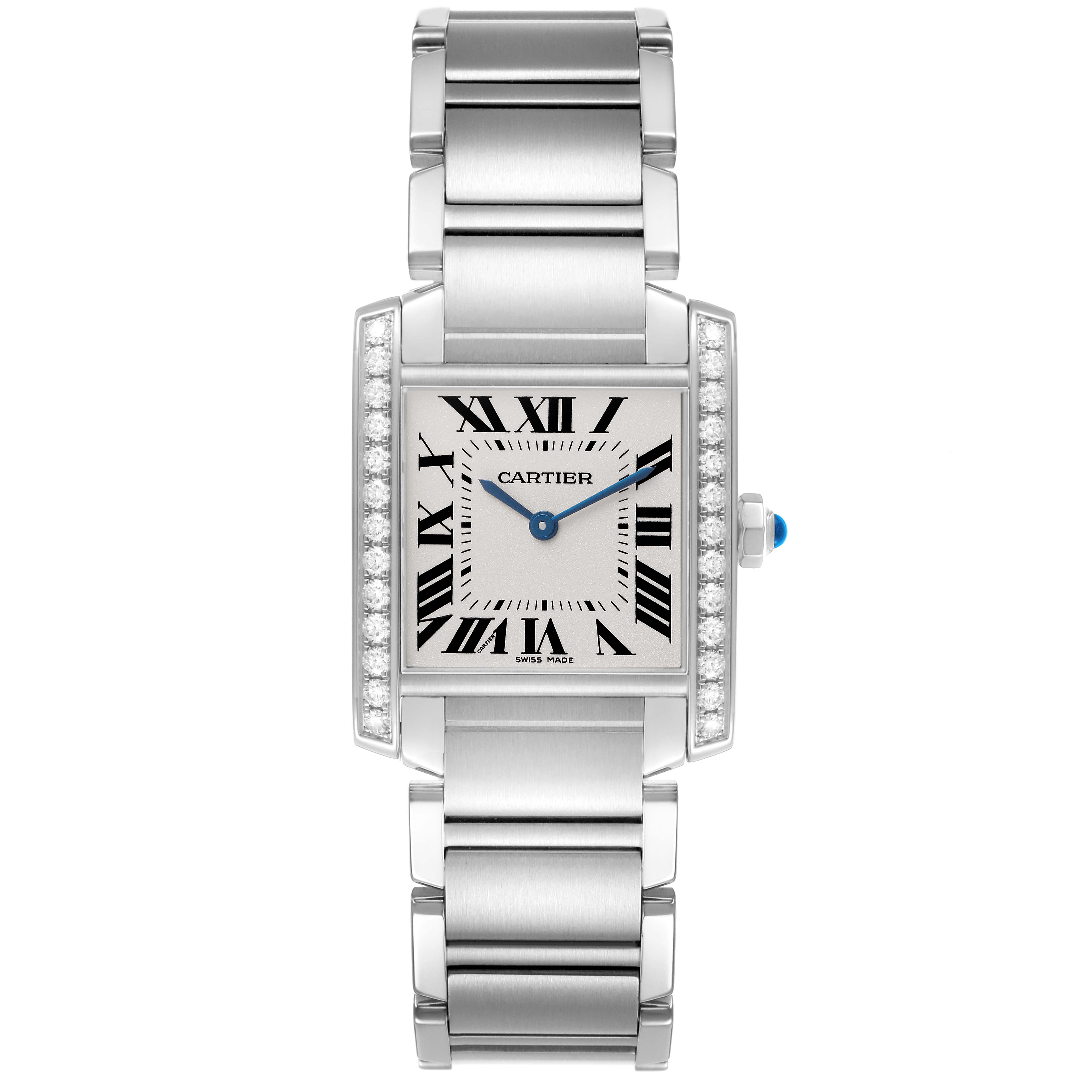The Cartier Tank Francaise W4TA0009 Women's Stainless Steel Silver Dial watch is shown from a top-down angle, displaying the face, bracelet, Roman numerals, and gems on the bezel.