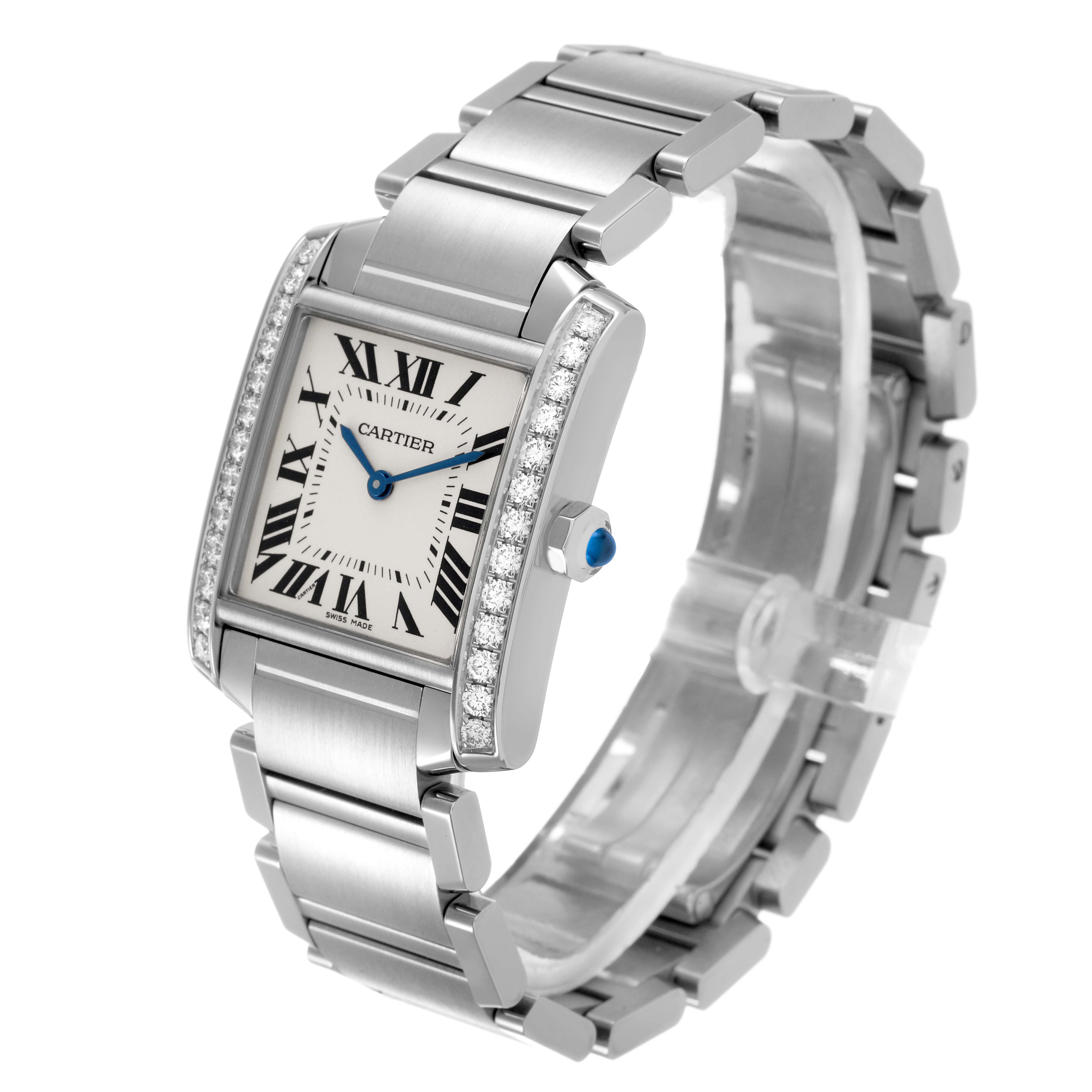 The Cartier Tank Française watch is shown at a slight angle, highlighting its rectangular face, metal bracelet, and bejeweled sides.