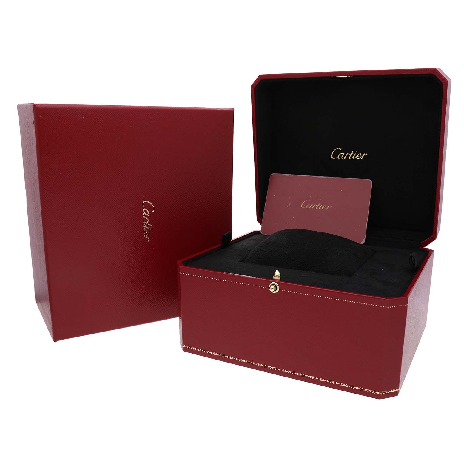 The image shows a Cartier Tank Francaise W4TA0009 Women's Stainless Steel Silver Dial watch box, opened with a card, showcasing the luxurious packaging.
