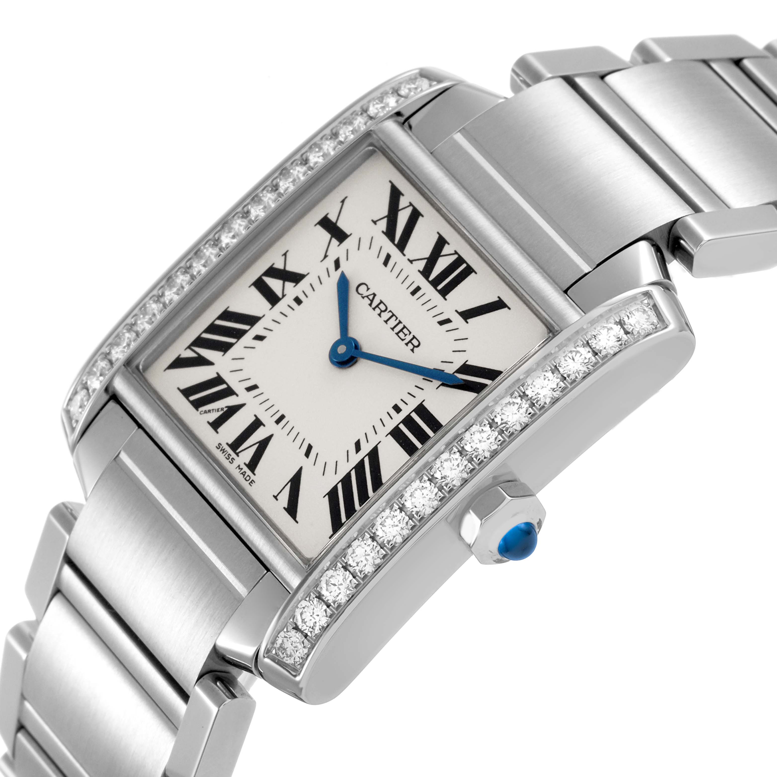 The Cartier Tank Française watch is shown at an angle highlighting the face, bezel with diamonds, blue hands, and part of the bracelet.