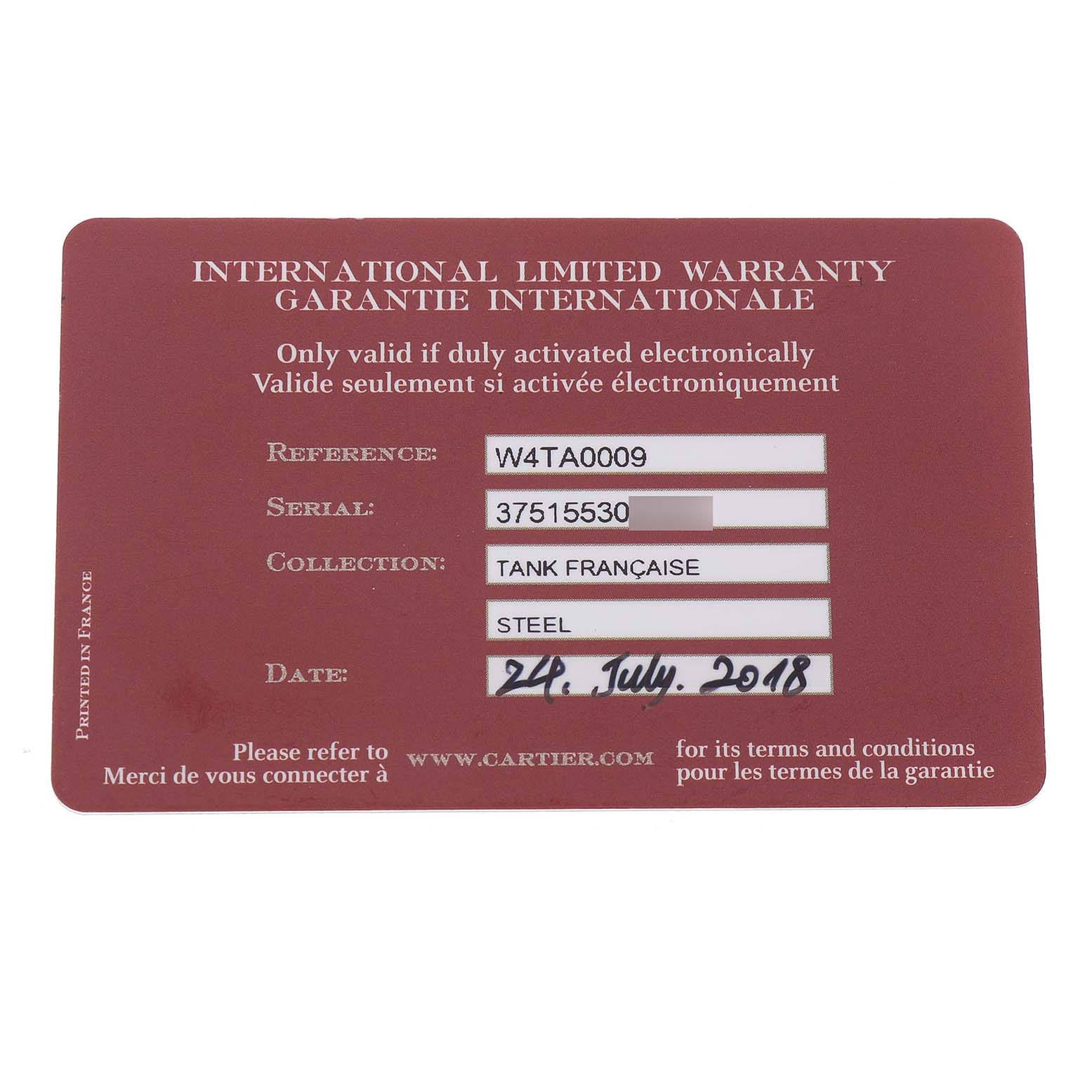 The image shows an International Limited Warranty card for a Cartier Tank Française watch.