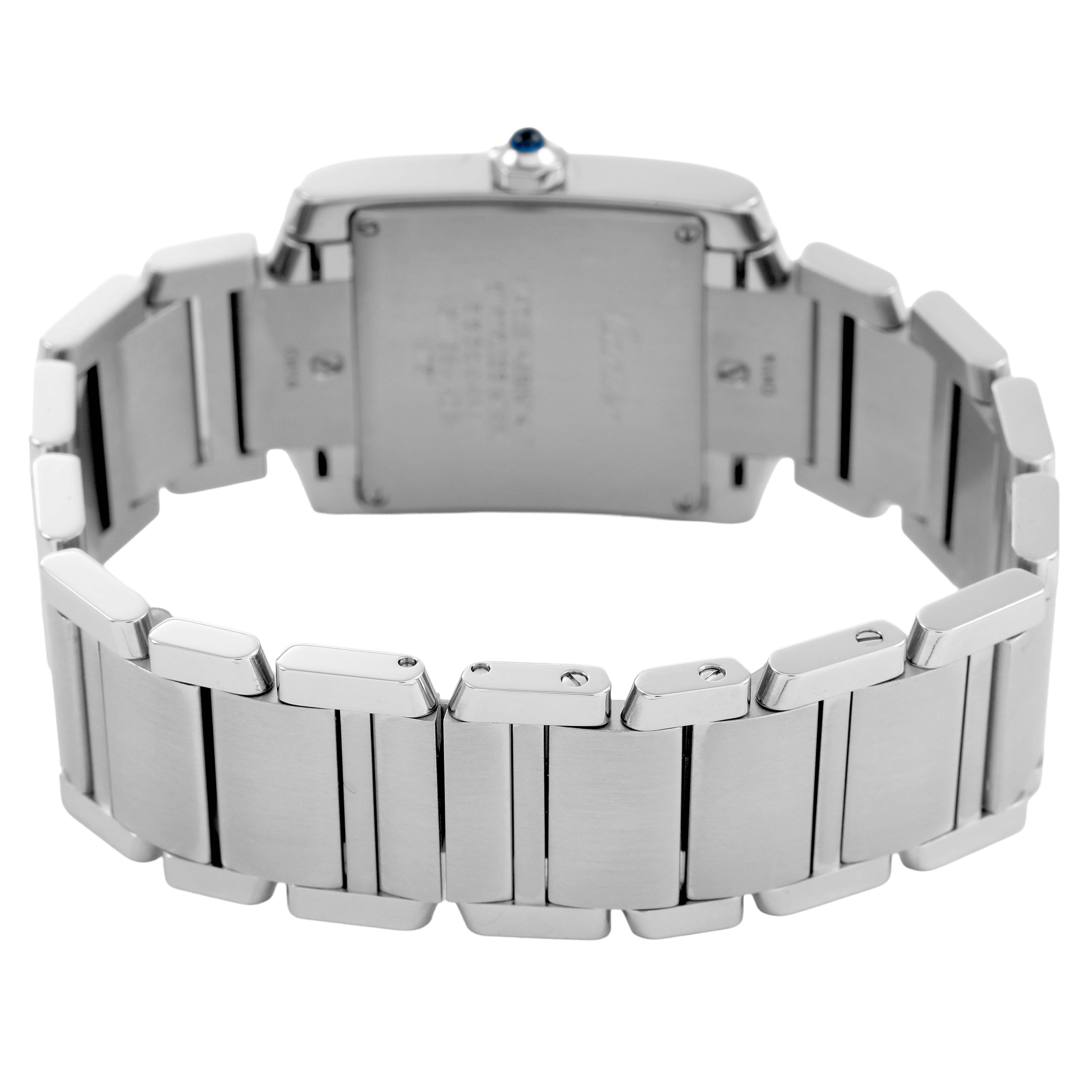 The image shows the back view of a Cartier Tank Française watch, highlighting its metal bracelet and case back.