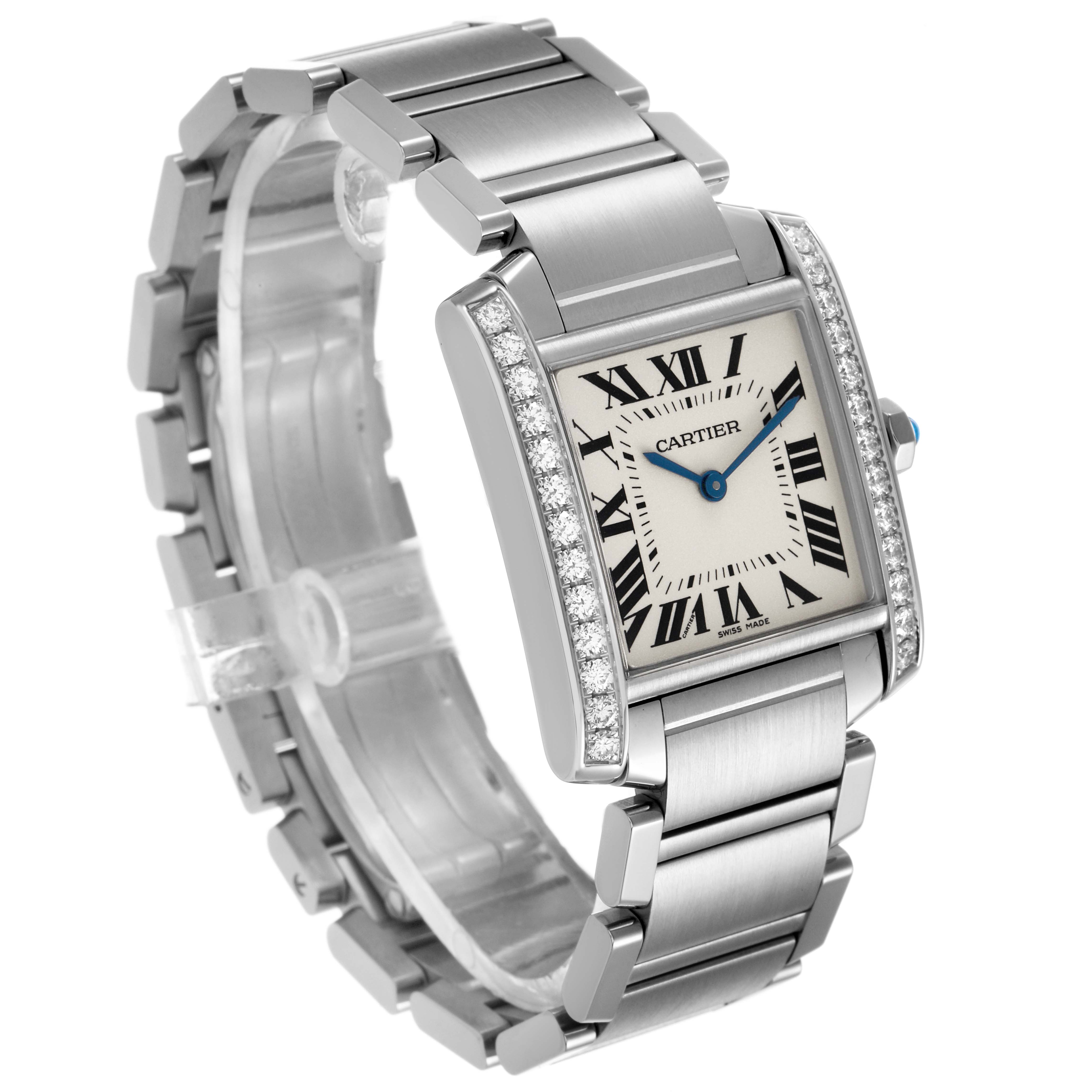 The Cartier Tank Française watch is shown at a three-quarter angle, highlighting its rectangular face and metal bracelet.