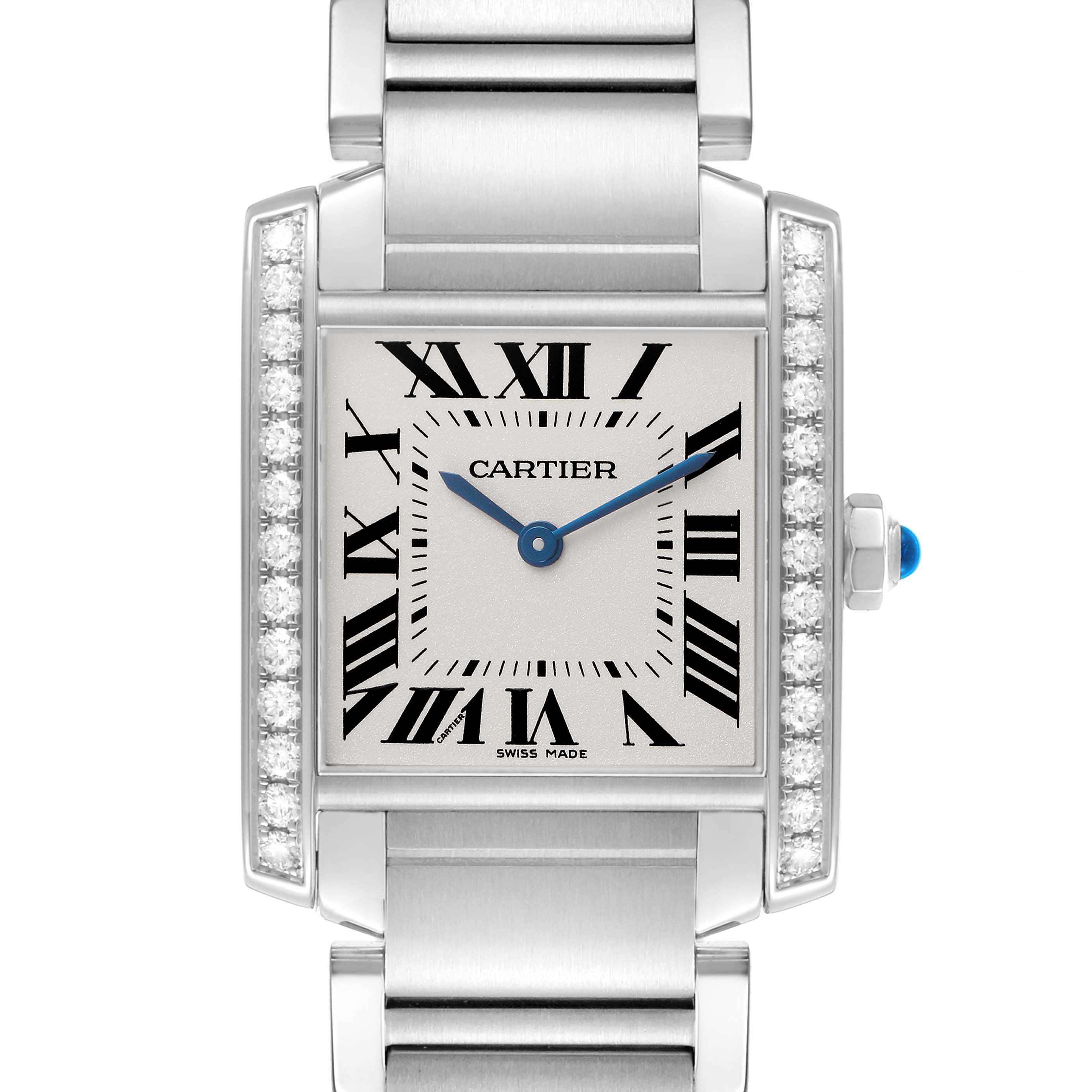 The Cartier Tank Française watch is shown from the front, featuring its rectangular face, Roman numerals, and diamond bezel.
