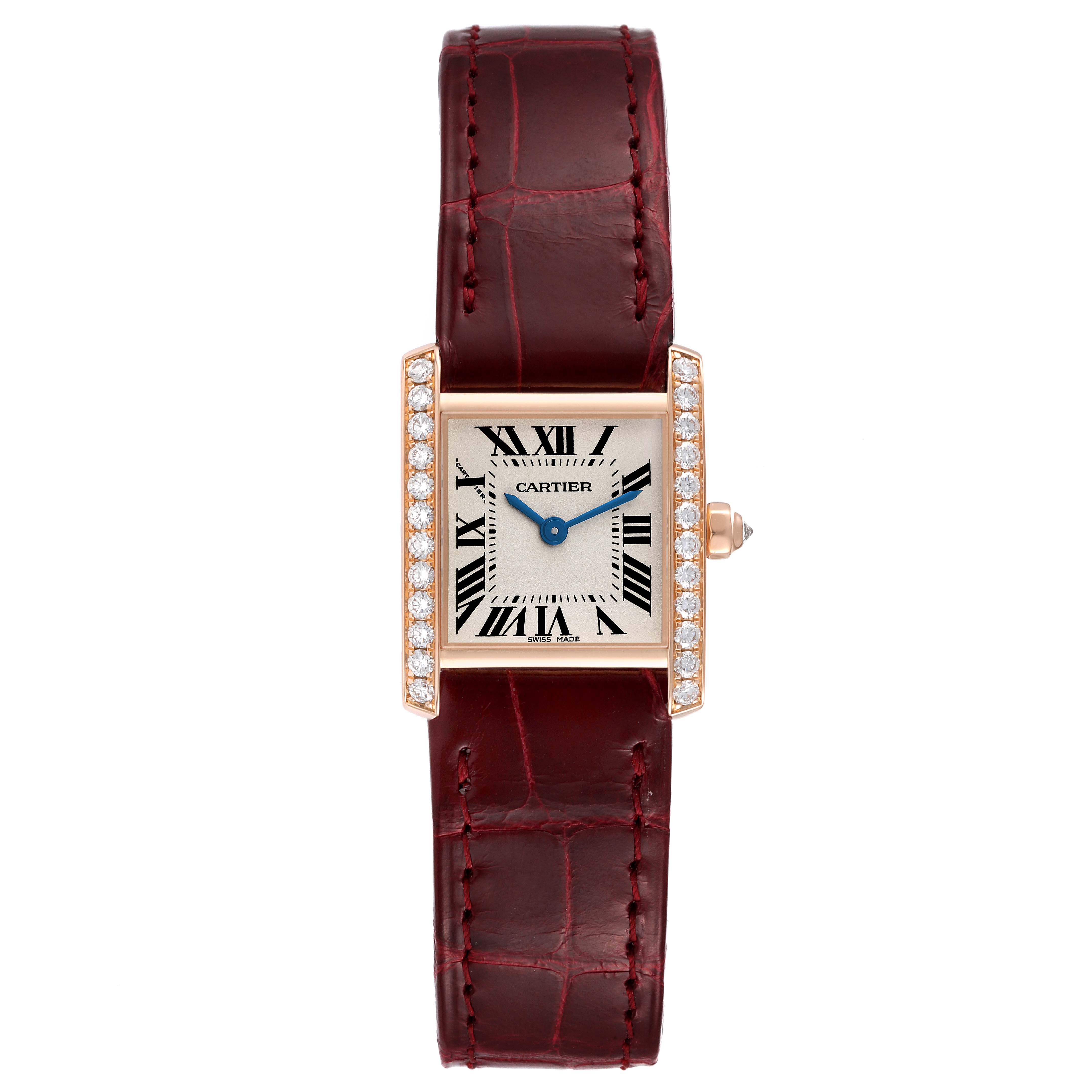 The image shows a Cartier Tank Francaise WE104531 Women's Rose Gold Silver Dial WE104531 Women's Rose Gold Silver Dial watch, front view, featuring a rectangular face, Roman numerals, and a leather strap.