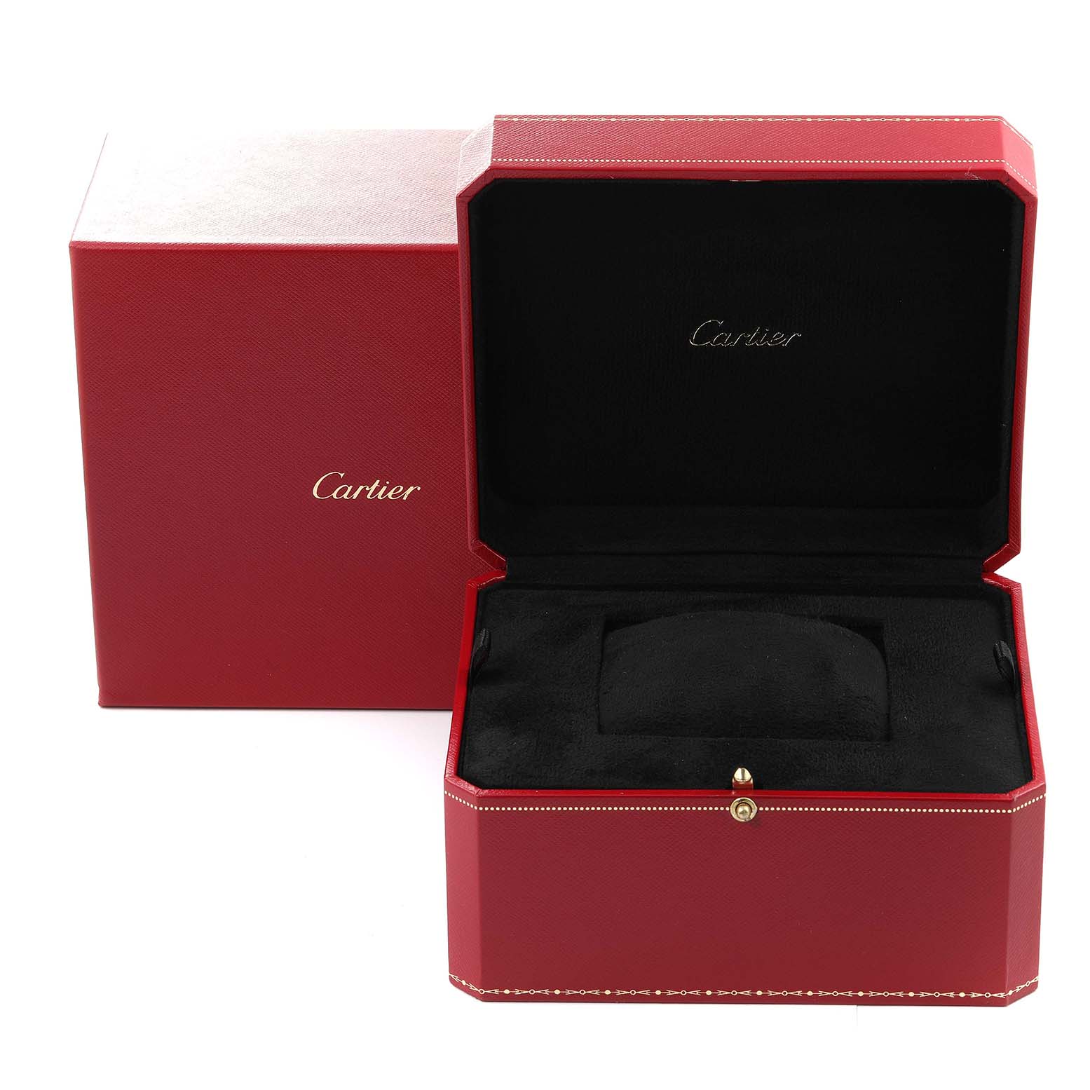 The image shows a red Cartier watch box for a Tank Francaise model, with the lid open to display the inner cushion.