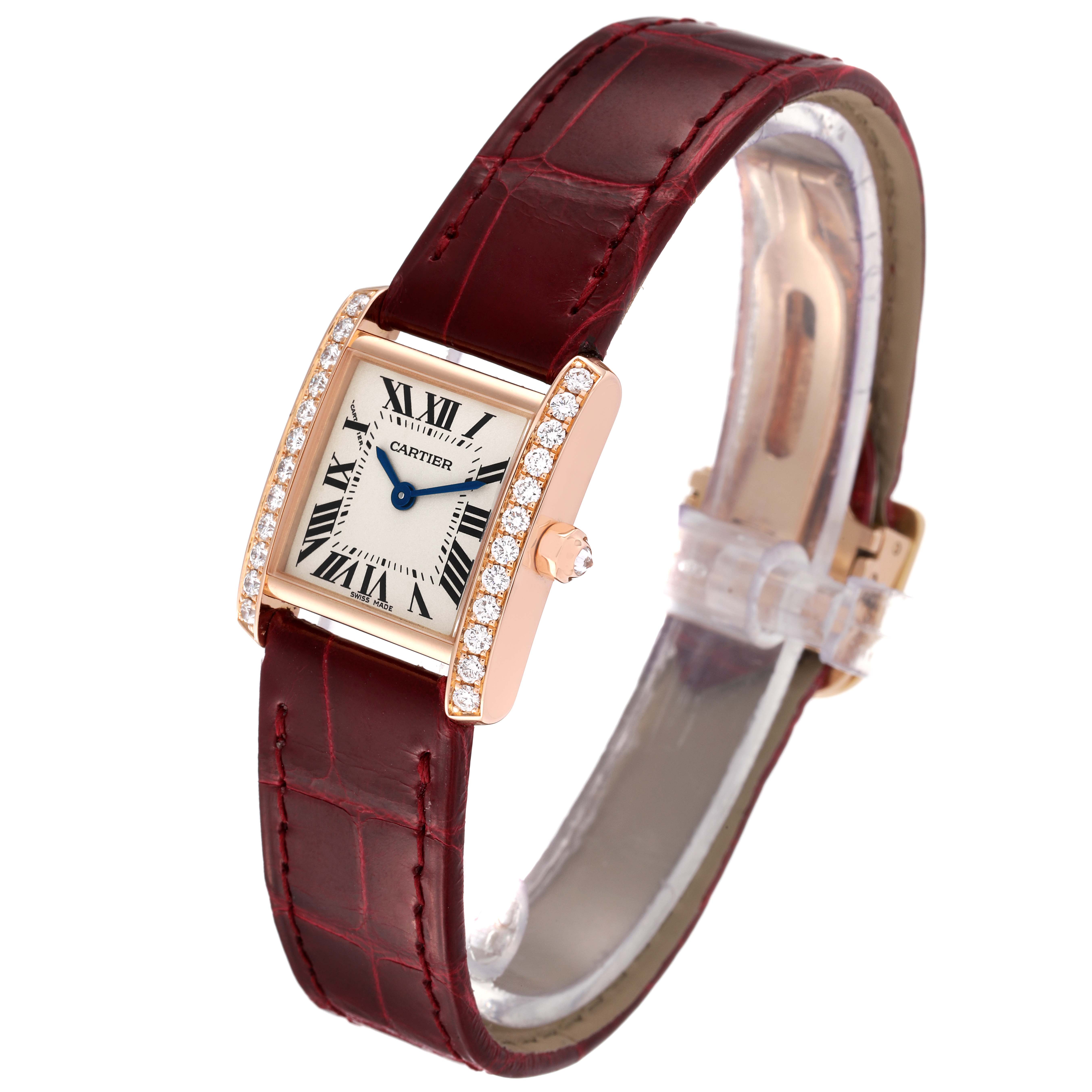 This Cartier Tank Francaise WE104531 Women's Rose Gold Silver Dial WE104531 Women's Rose Gold Silver Dial watch is shown at a tilted front angle, displaying the face, strap, and studded bezel.