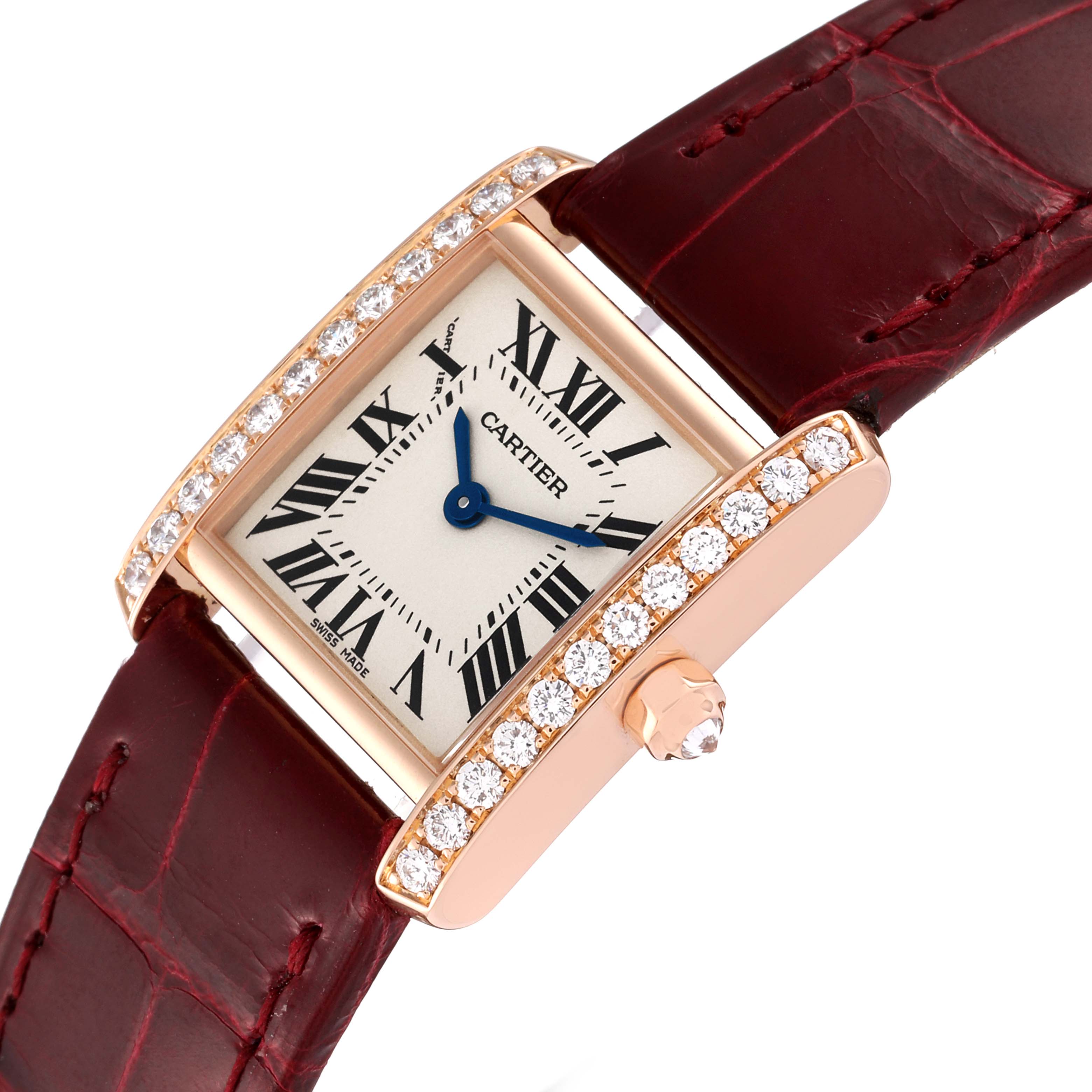 The image shows a Cartier Tank Française watch at an angle, highlighting its rectangular face, diamond-set bezel, and burgundy leather strap.