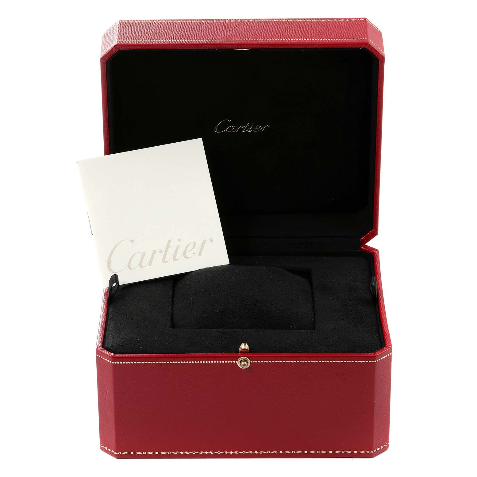 The image shows a red Cartier box for the Tank Francaise model and its booklet, but the watch itself is not visible.