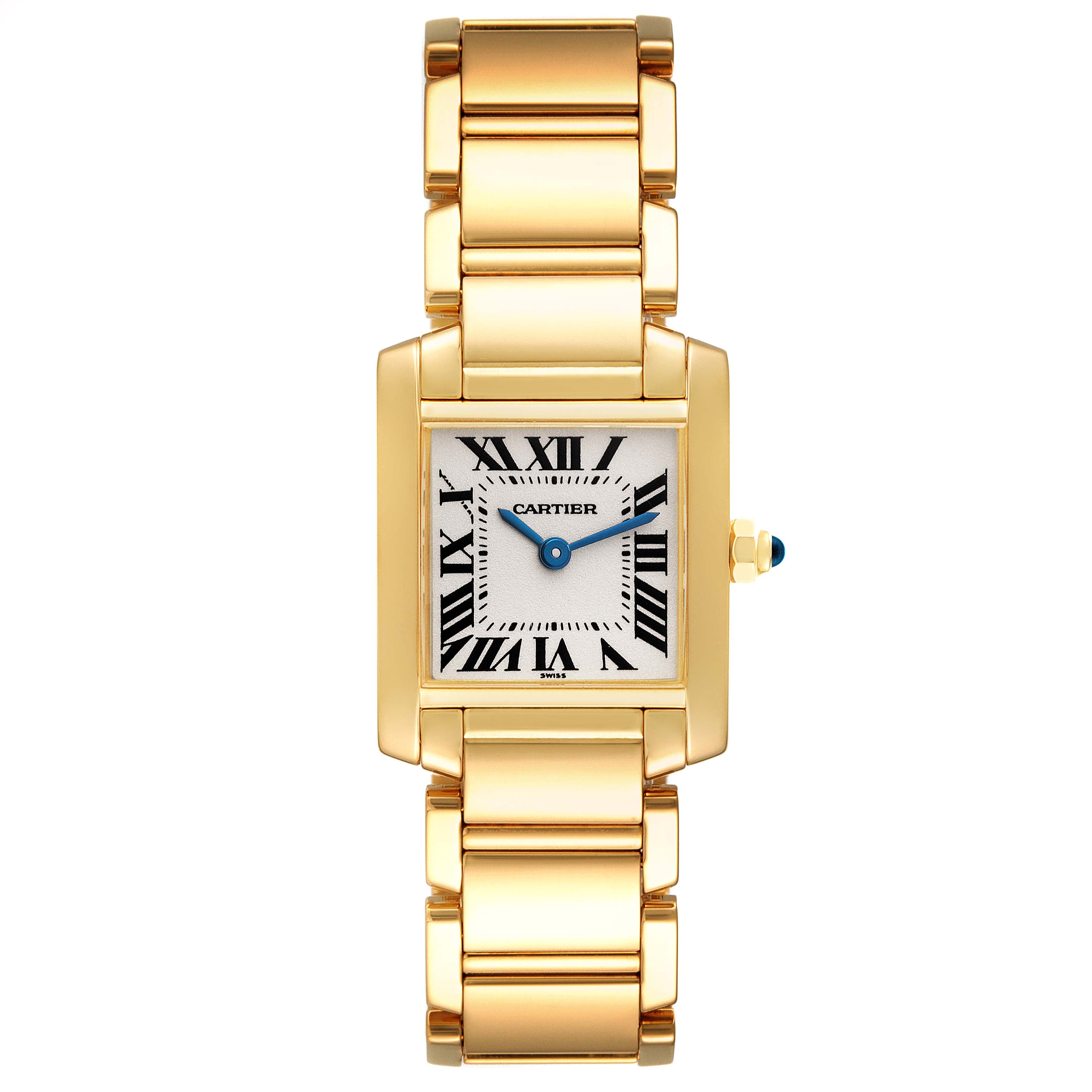 This image shows a frontal view of the Cartier Tank Francaise W50002N2 Women's Yellow Gold Silver Dial W50002N2 Women's Yellow Gold Silver Dial watch, highlighting its gold bracelet, square dial, and Roman numerals.