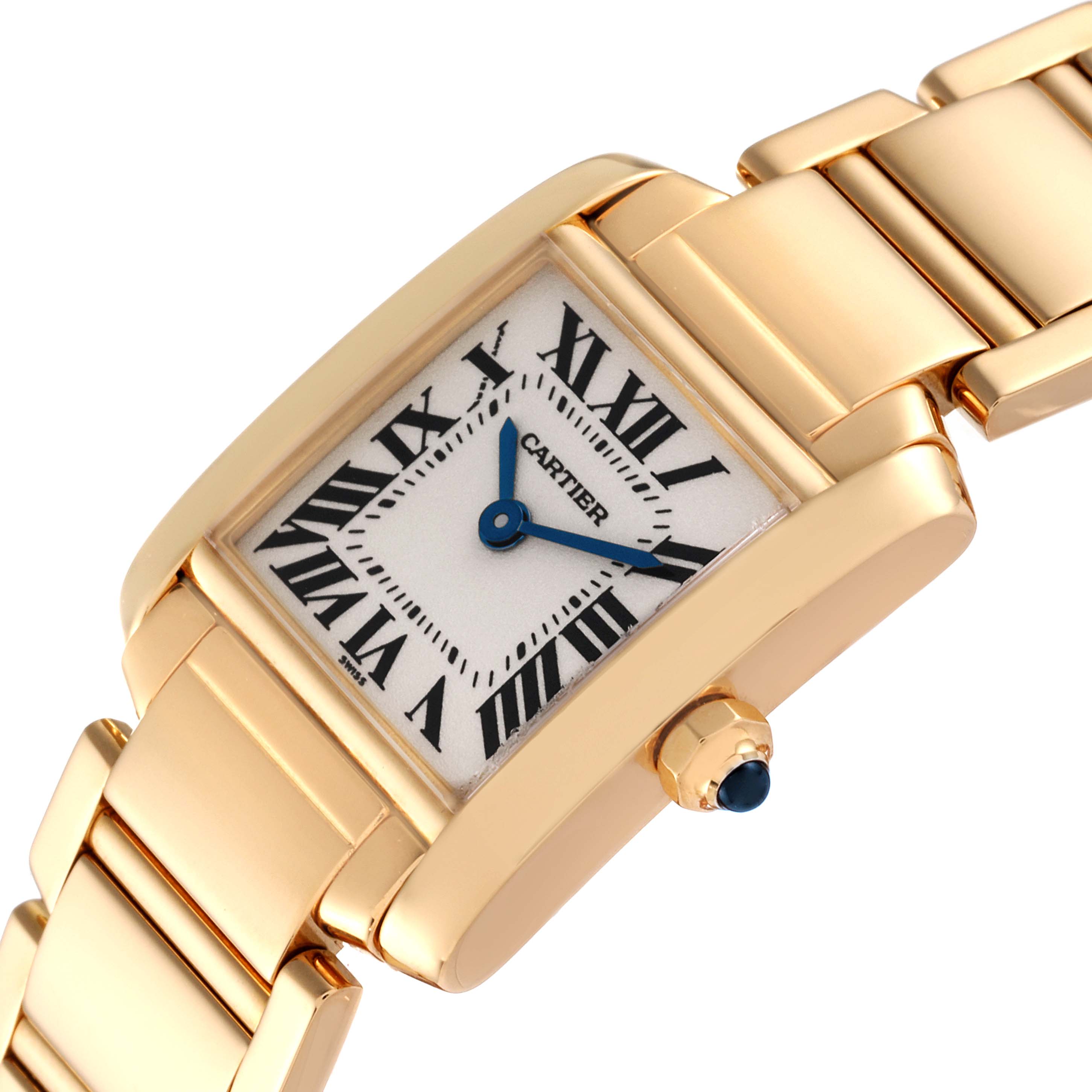 This image shows a close-up angled view of the Cartier Tank Francaise W50002N2 Women's Yellow Gold Silver Dial W50002N2 Women's Yellow Gold Silver Dial watch, highlighting its face, bracelet, and crown.