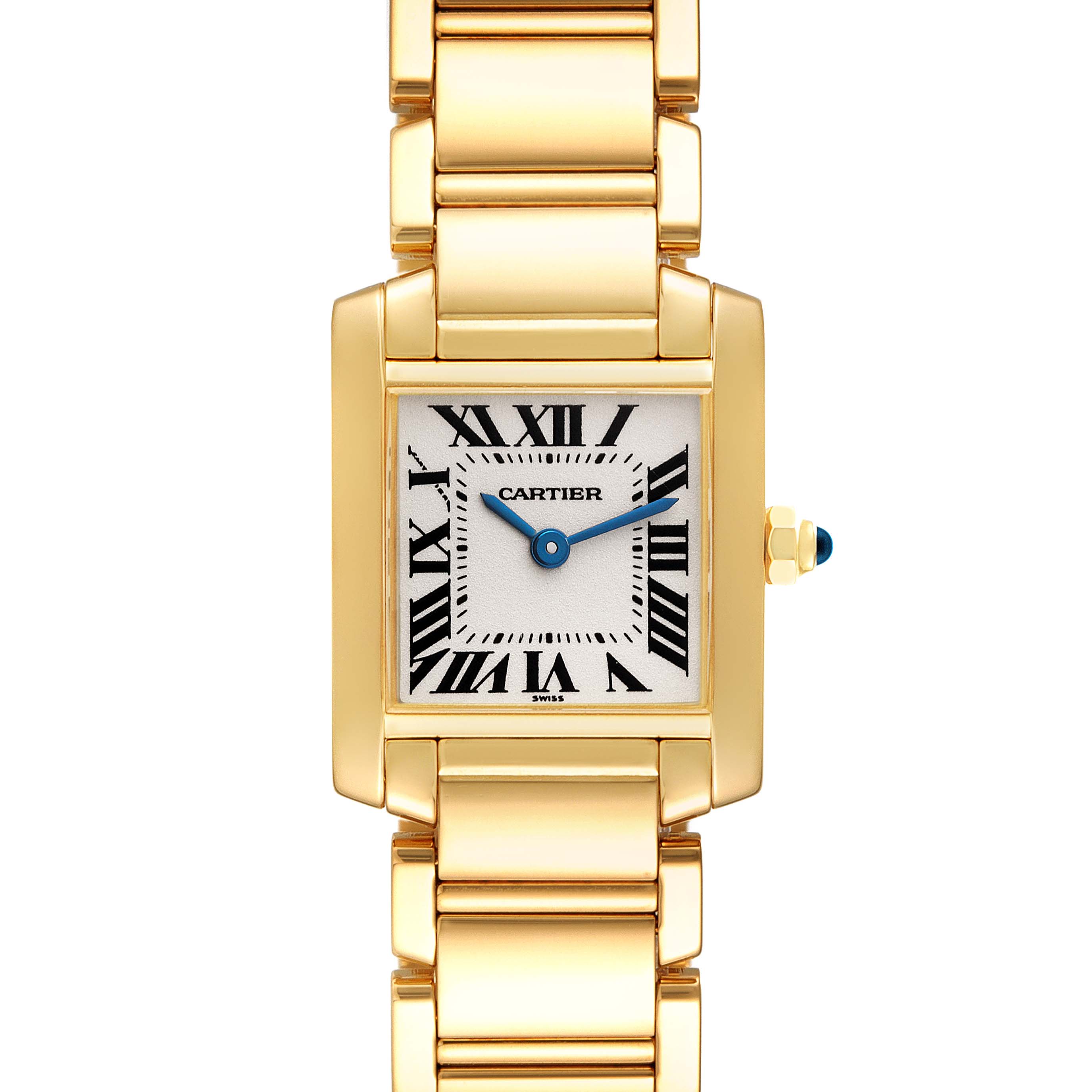 The Cartier Tank Francaise W50002N2 Women's Yellow Gold Silver Dial W50002N2 Women's Yellow Gold Silver Dial watch is shown from a top-down angle, displaying the face, gold bracelet, and crown.