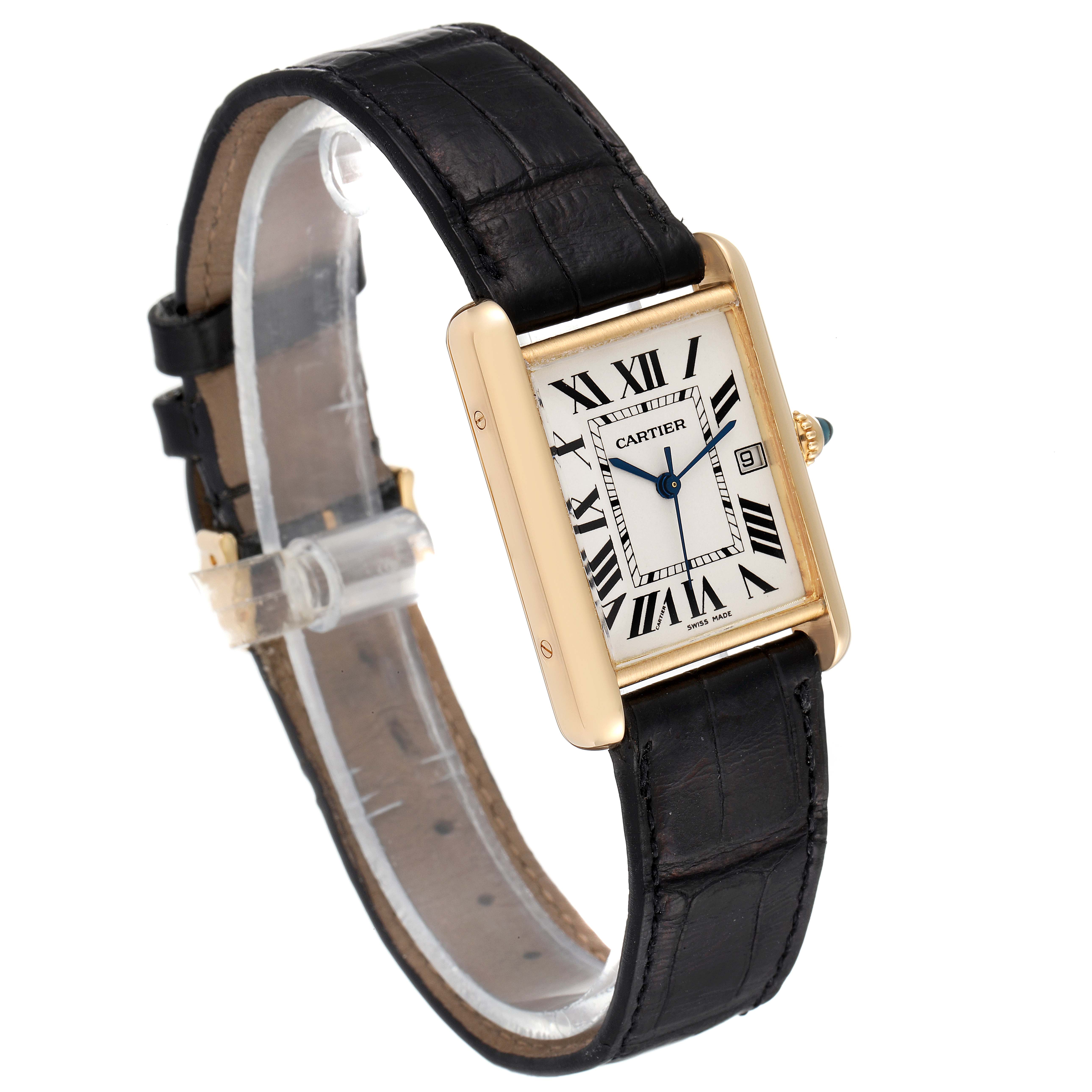 The image shows a Cartier Tank Louis W1529756 Women's Yellow Gold Silver Dial W1529756 Women's Yellow Gold Silver Dial watch at an angle that highlights its face, strap, and side profile.