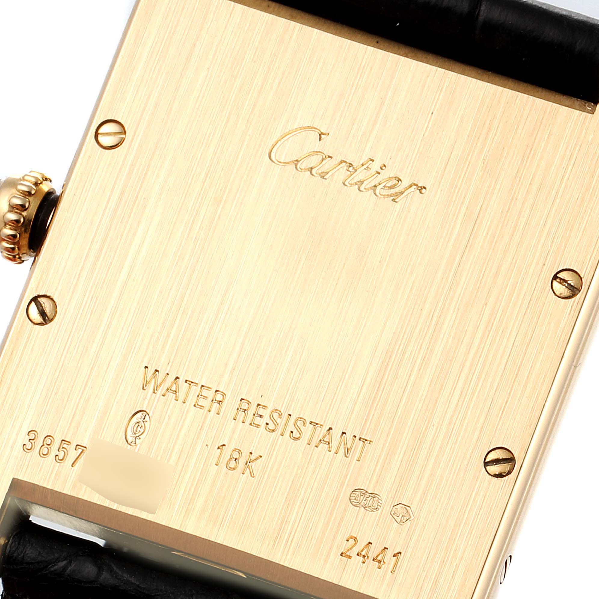 This image shows the back case of a Tank Louis model by Cartier, highlighted at a slight angle.