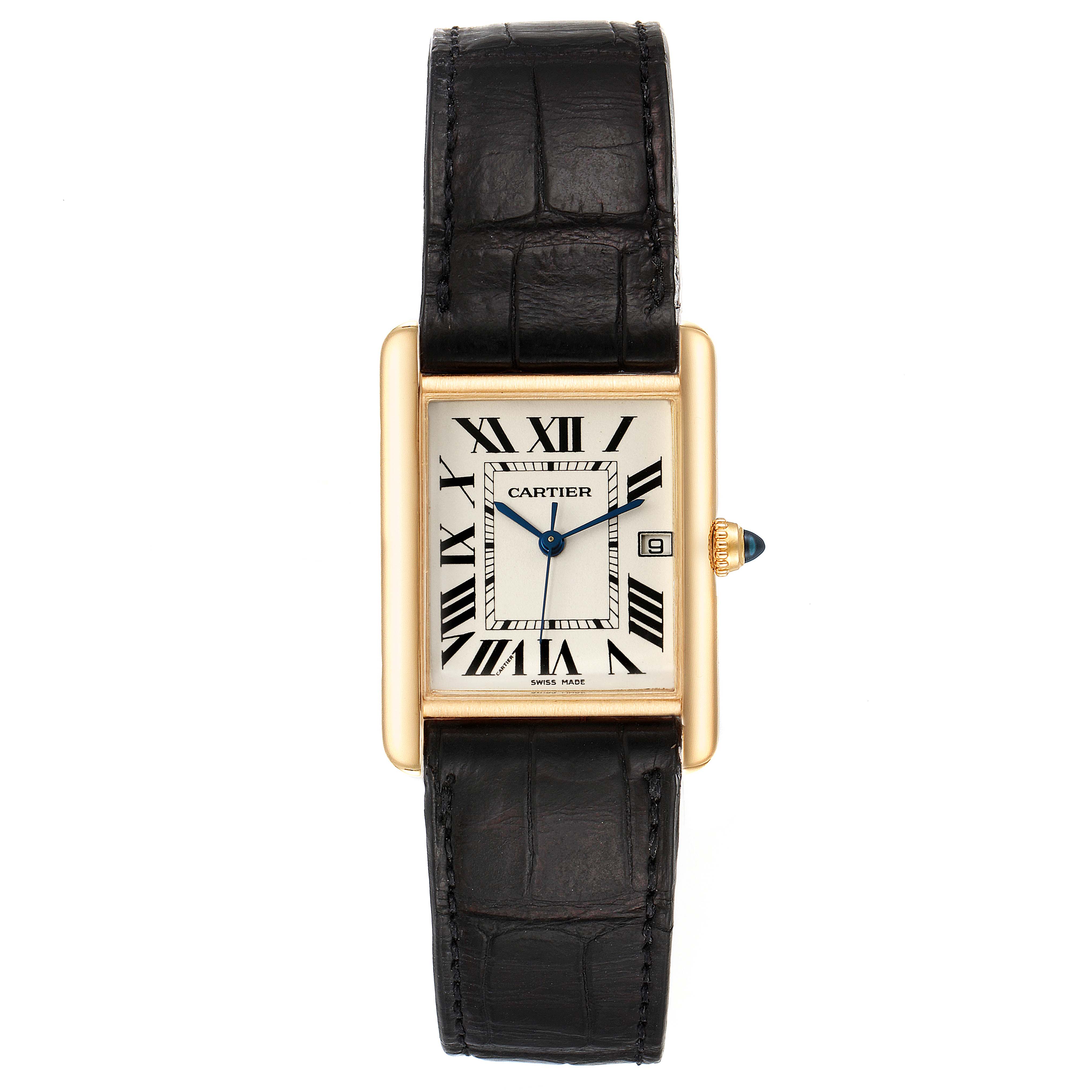 The image shows a front view of the Cartier Tank Louis W1529756 Women's Yellow Gold Silver Dial W1529756 Women's Yellow Gold Silver Dial model with a rectangular dial, gold case, black leather strap, and Roman numeral markers.