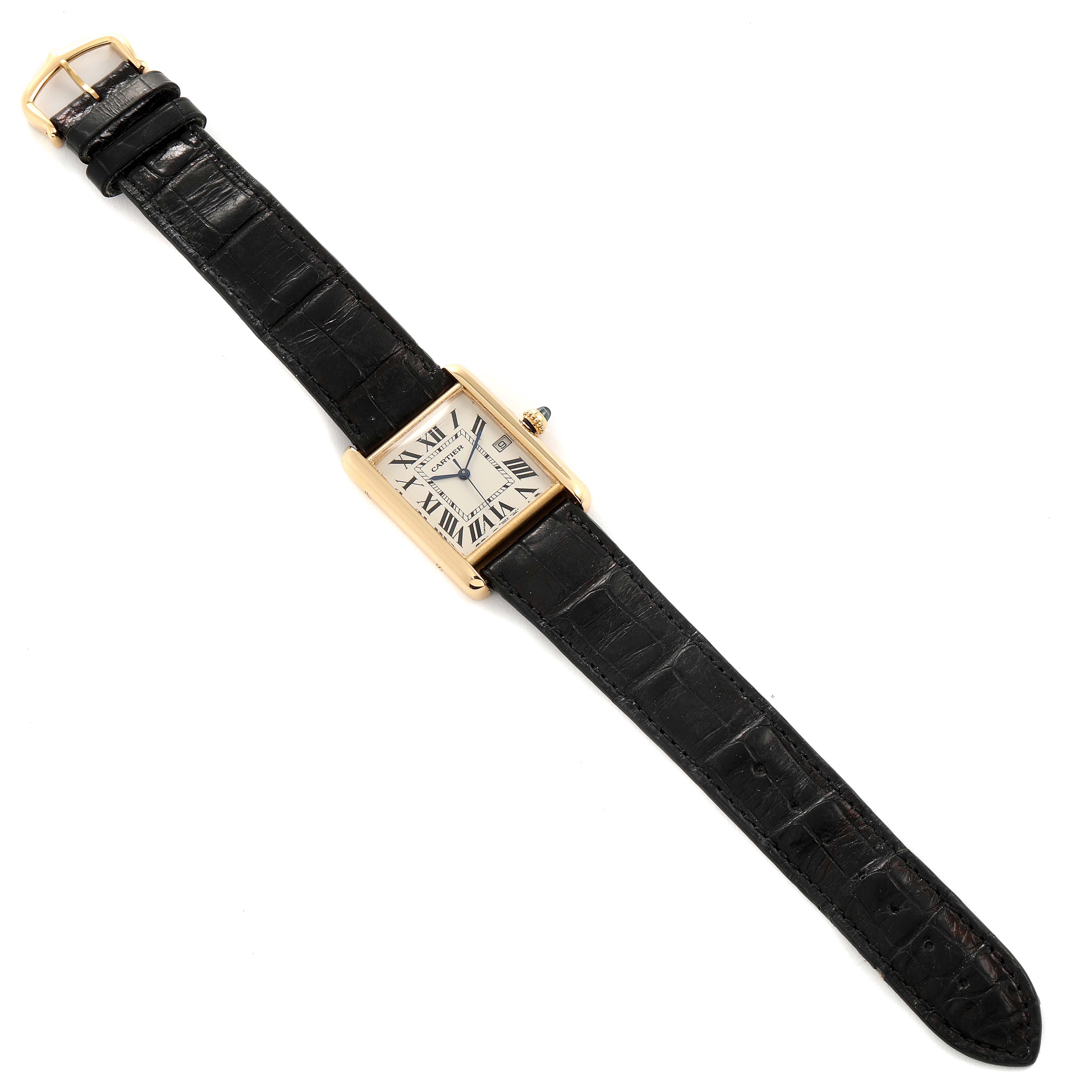 The Cartier Tank Louis W1529756 Women's Yellow Gold Silver Dial W1529756 Women's Yellow Gold Silver Dial watch is shown flat with a black leather strap and gold rectangular case.