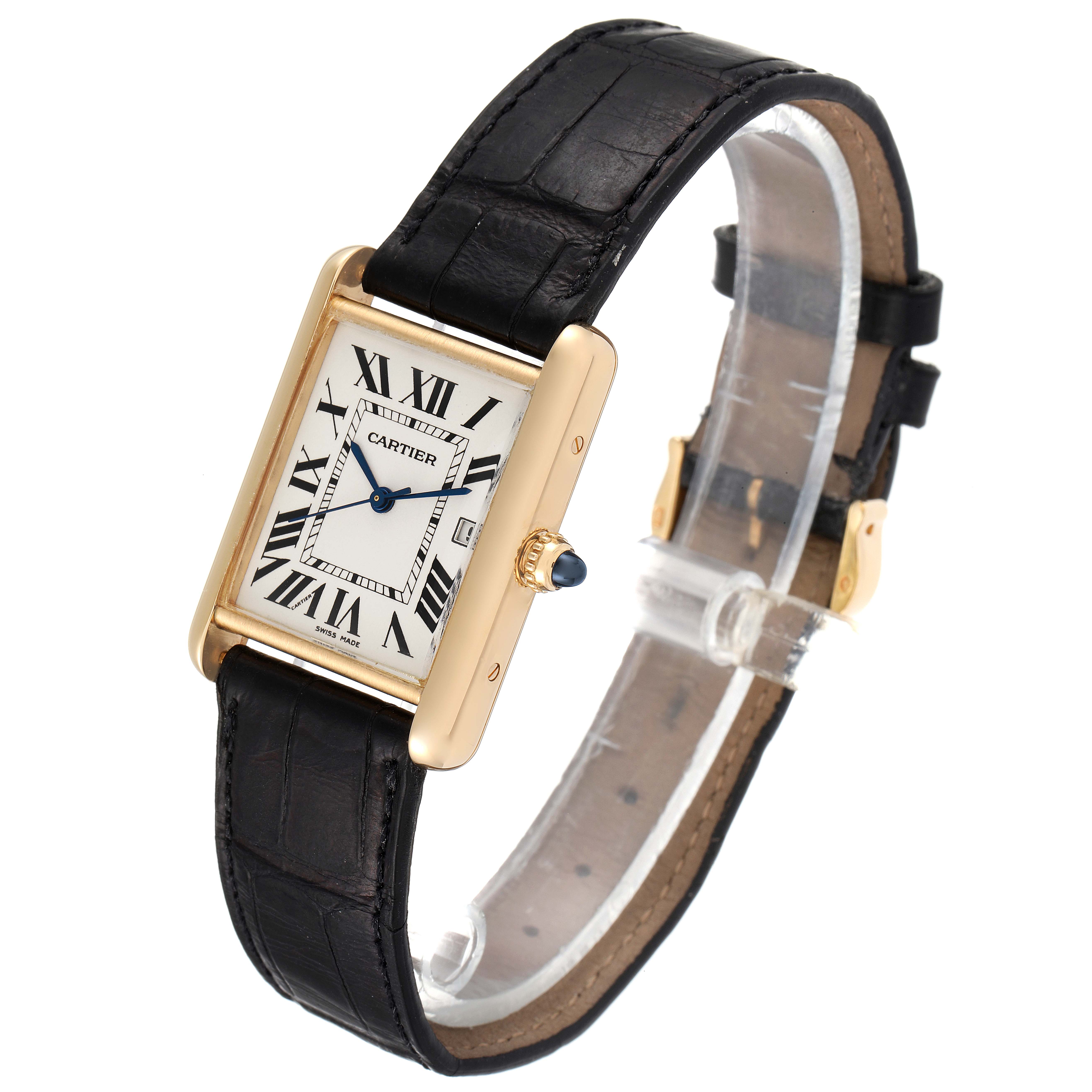 The Cartier Tank Louis W1529756 Women's Yellow Gold Silver Dial W1529756 Women's Yellow Gold Silver Dial watch is shown at an angled side view, highlighting its rectangular face, black leather strap, and gold casing.