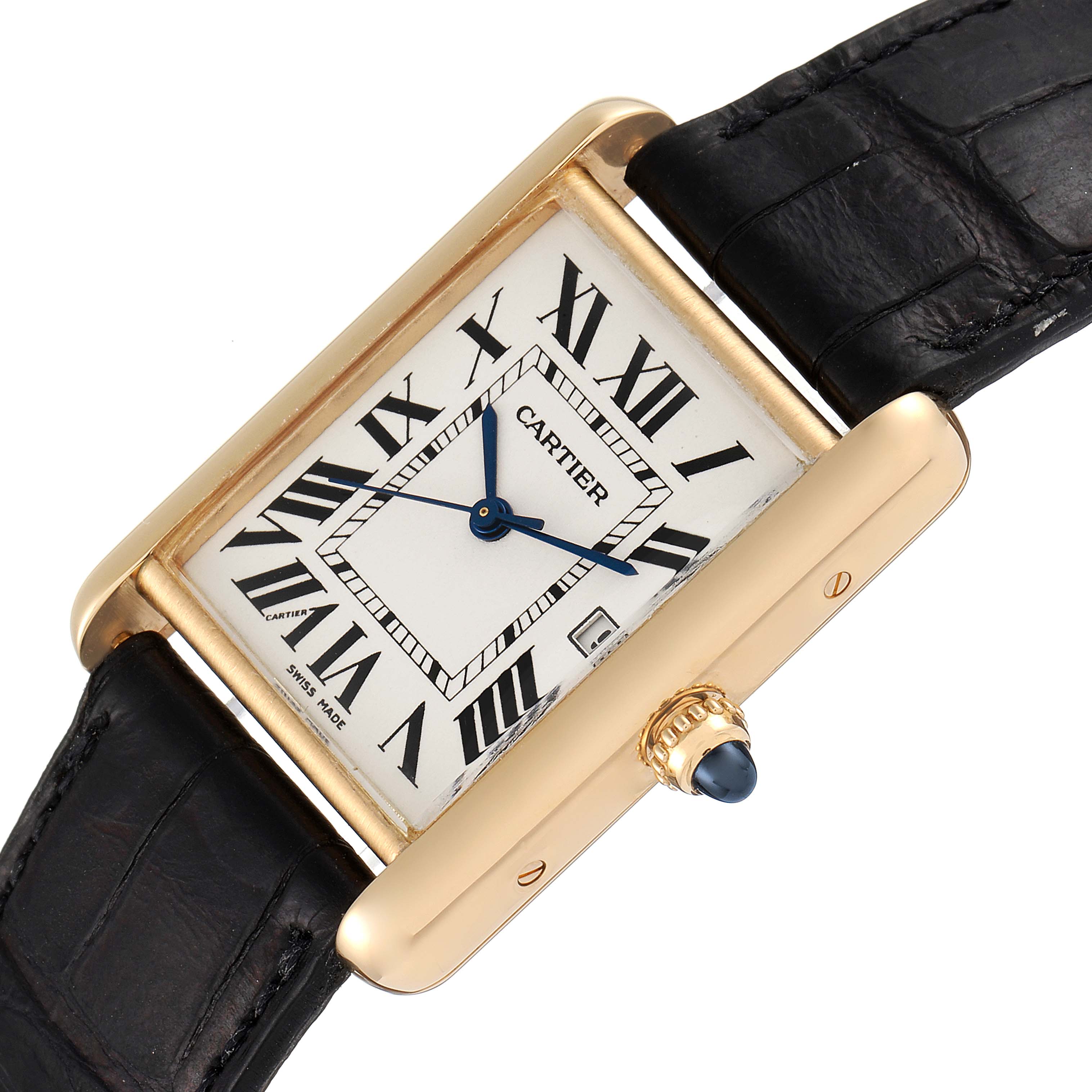The image shows a Tank Louis model by Cartier with a gold rectangular case, Roman numeral dial, blue hands, and a black leather strap.