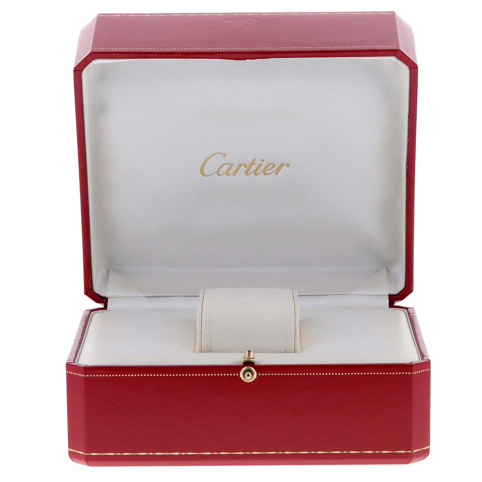 The image shows an open Cartier watch box for a Tank Louis model, featuring a red exterior and white interior.