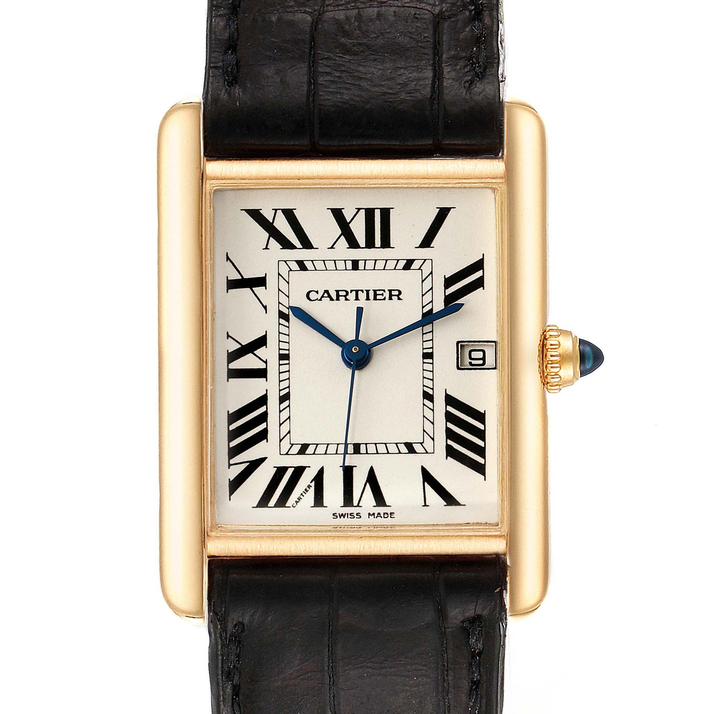 The image shows a frontal view of a Cartier Tank Louis W1529756 Women's Yellow Gold Silver Dial W1529756 Women's Yellow Gold Silver Dial watch, displaying the dial, hands, date window, and part of the leather strap.