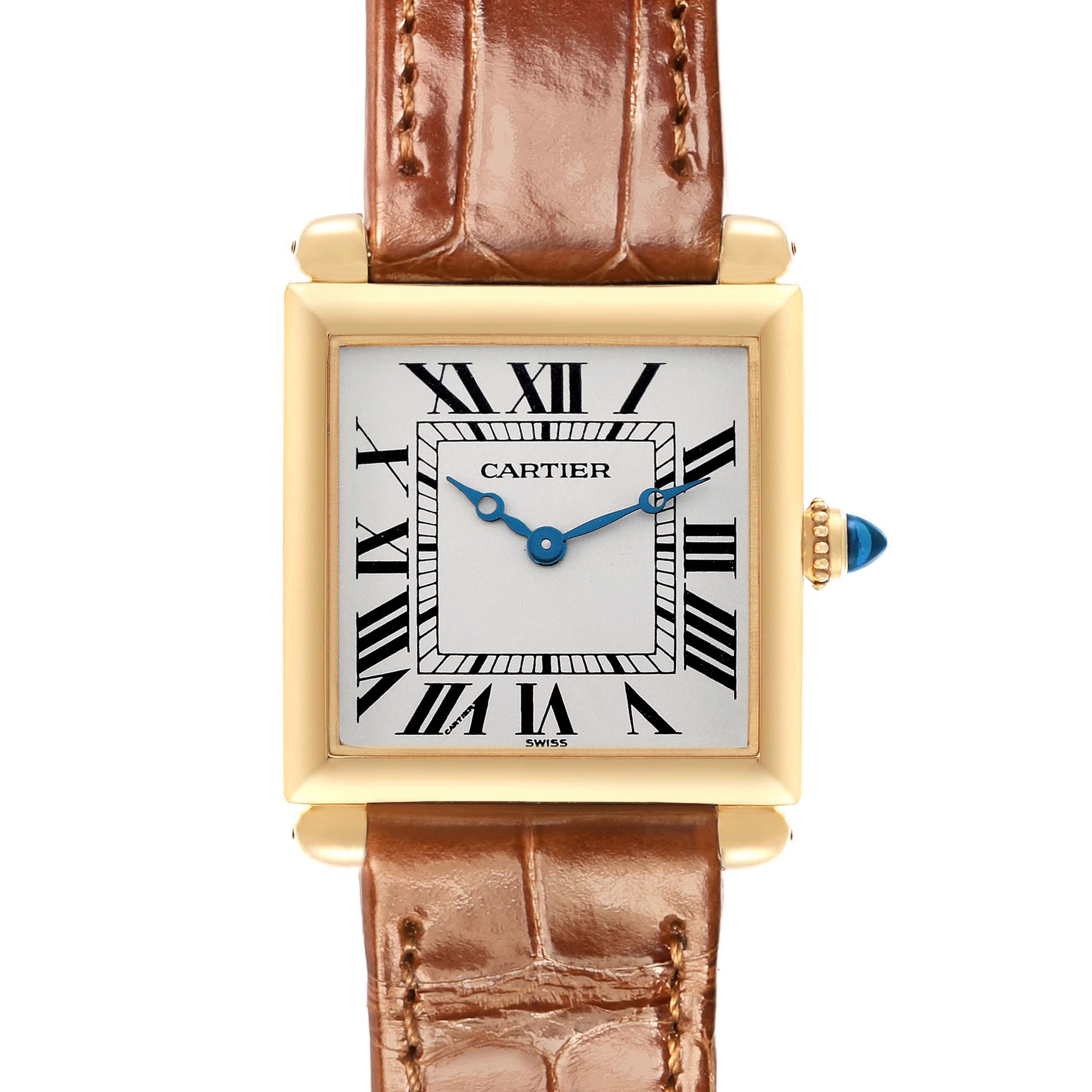 The Cartier Tank Obus W1512256 Women's Yellow Gold Silver Dial watch is shown from the front, displaying its square face, Roman numerals, blue hands, and a leather strap.