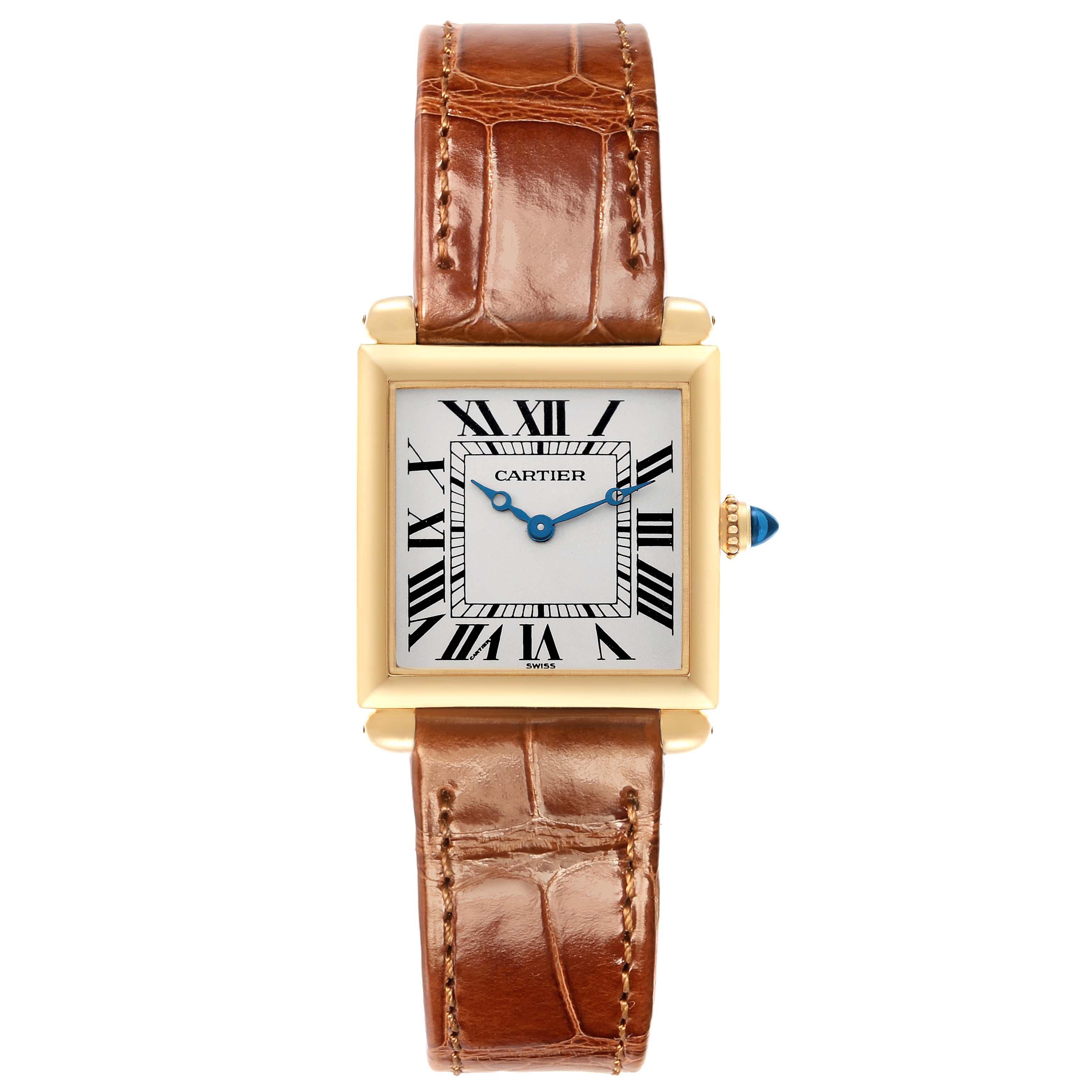 The Cartier Tank Obus W1512256 Women's Yellow Gold Silver Dial watch is shown from the front, displaying its square face, Roman numerals, gold case, and brown leather strap.