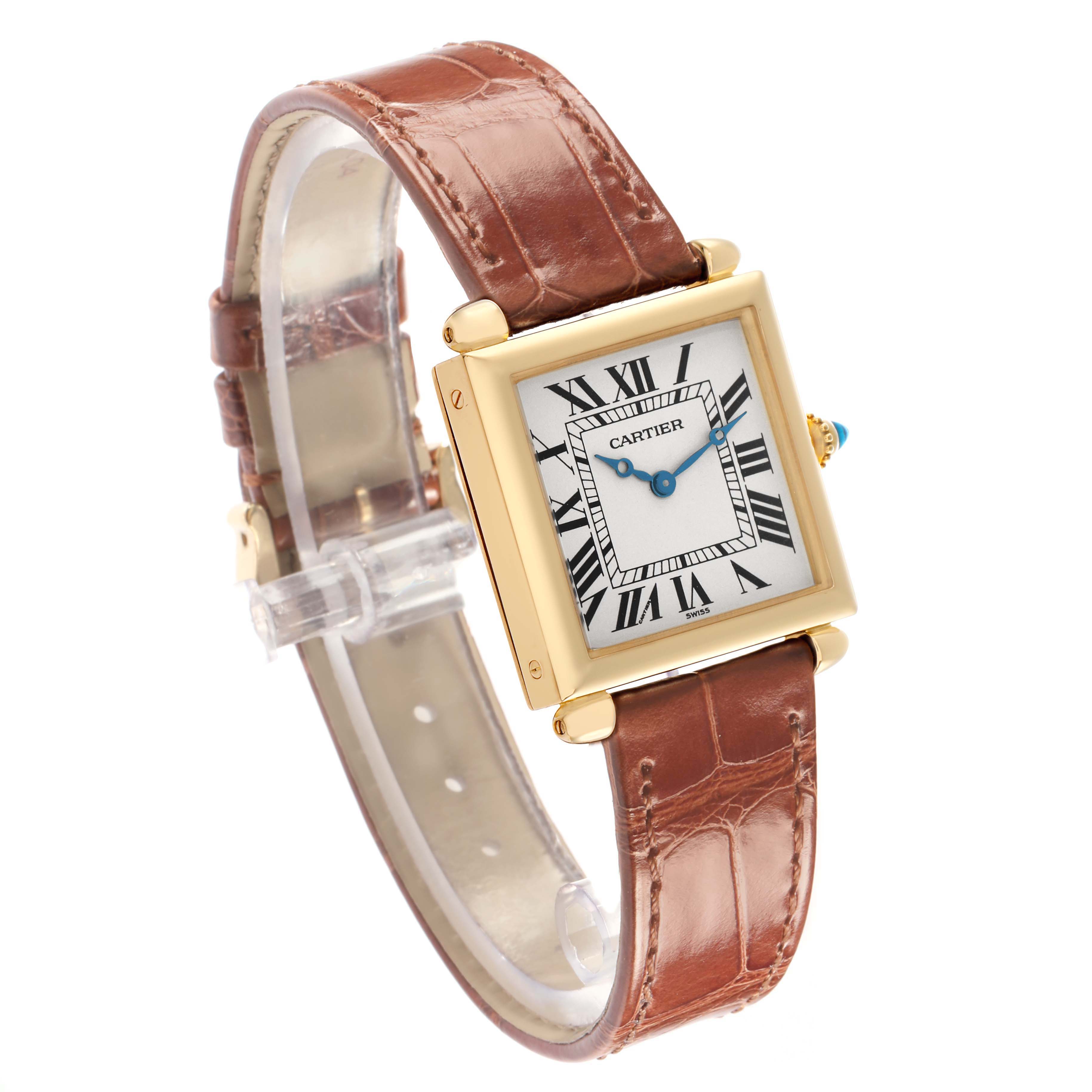 The Cartier Tank Obus W1512256 Women's Yellow Gold Silver Dial watch is shown at a slight angle, highlighting the square face, Roman numerals, and brown leather strap.