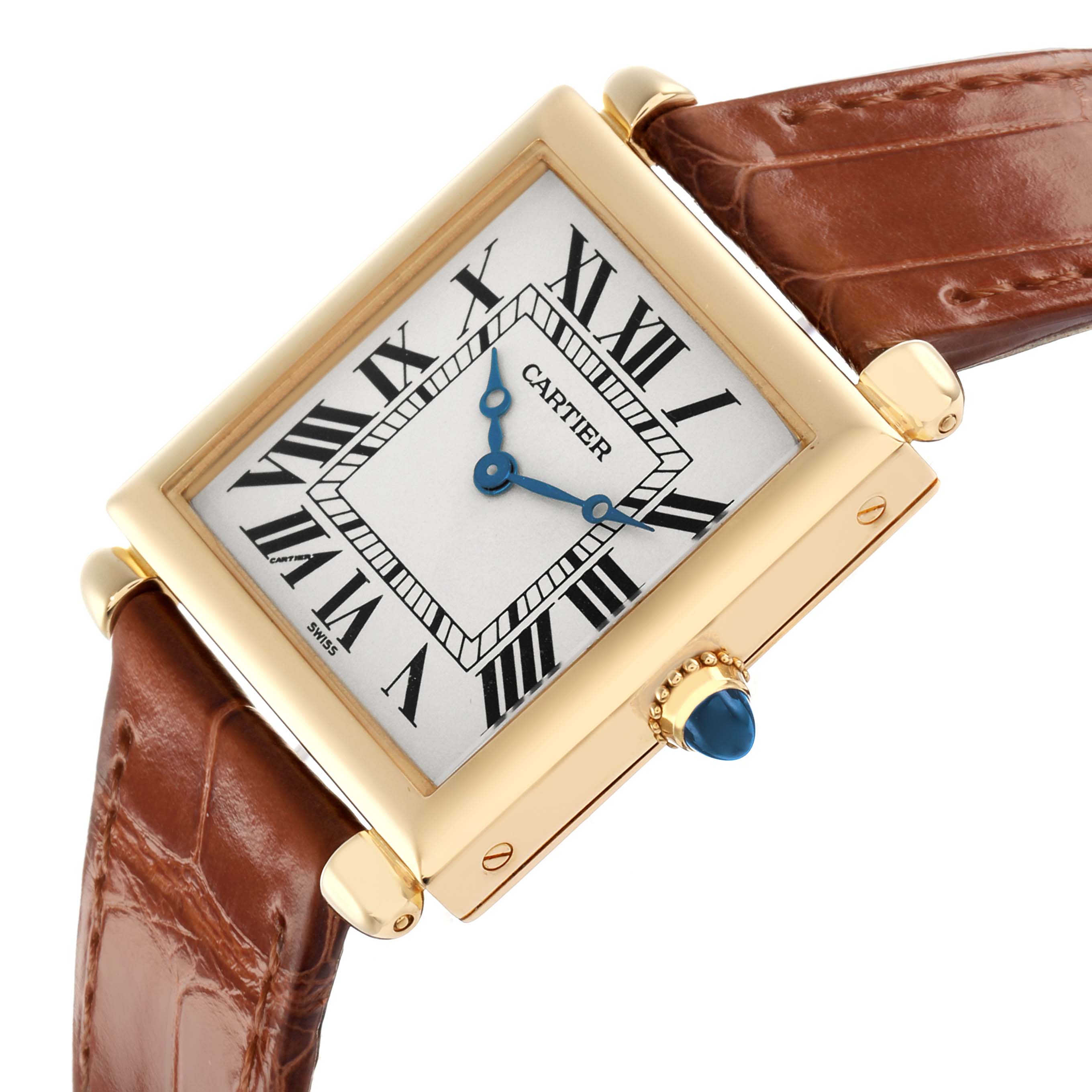 The Cartier Tank Obus W1512256 Women's Yellow Gold Silver Dial watch is shown at an angled view, highlighting its square face, Roman numerals, gold casing, and brown leather strap.