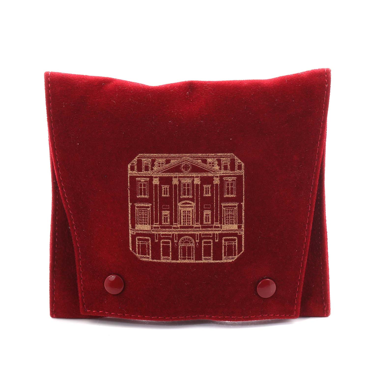 The image shows a red velvet pouch with a building design, likely for the Cartier Tank Obus W1512256 Women's Yellow Gold Silver Dial watch.