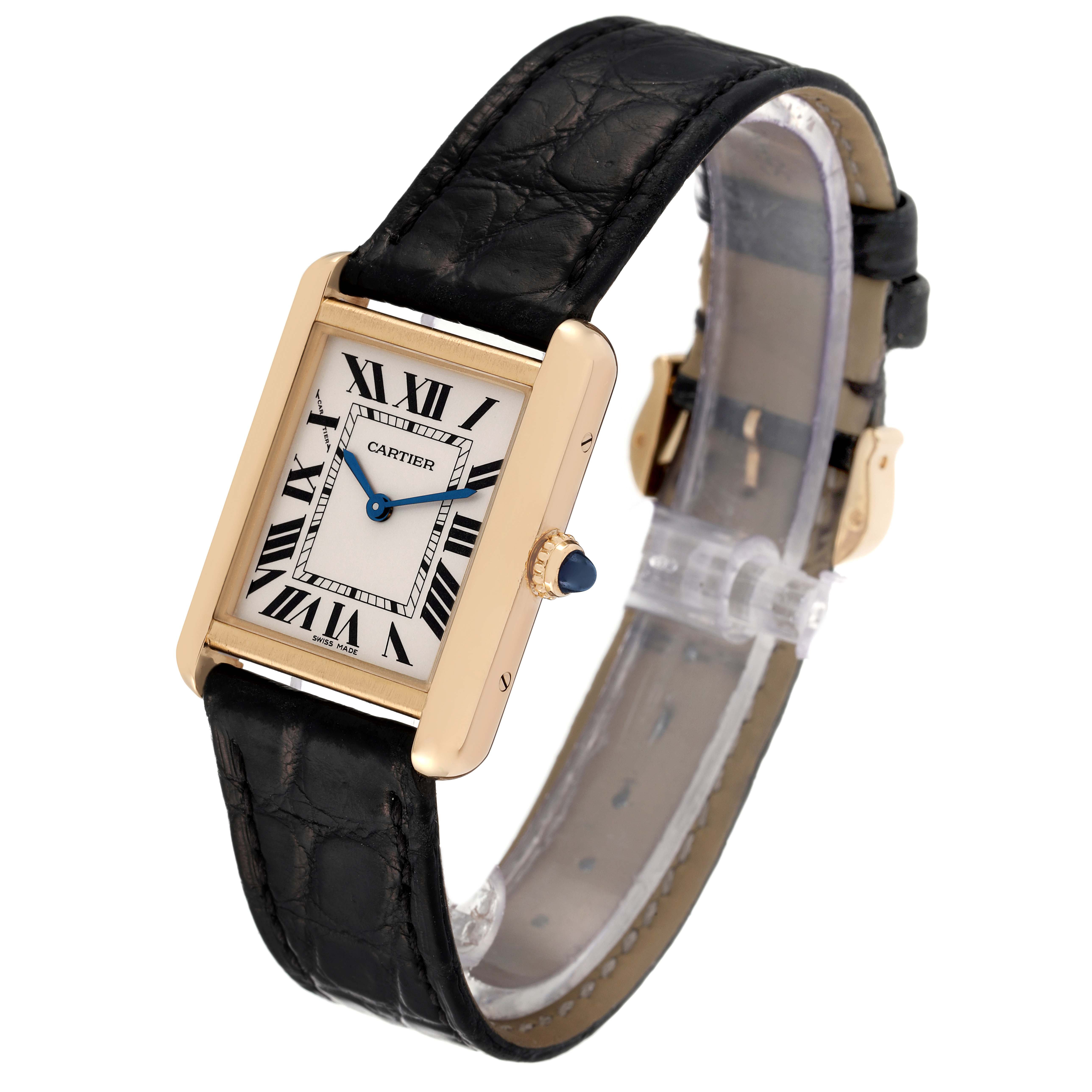 The image shows a Cartier Tank Solo W5200002 Women's Yellow Gold Silver Dial W5200002 Women's Yellow Gold Silver Dial watch at a three-quarter angle, displaying the face, leather band, and crown.