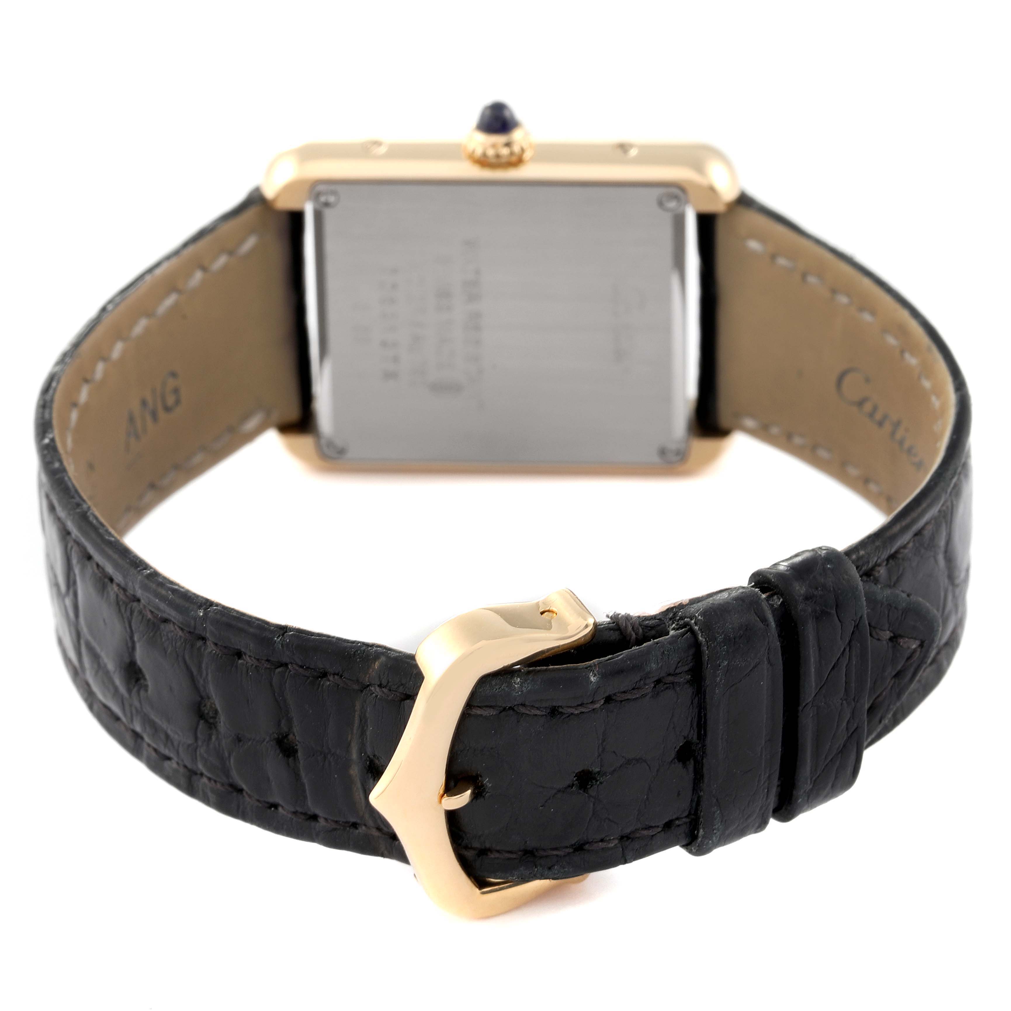 The image shows the back, buckle, and strap of the Cartier Tank Solo W5200002 Women's Yellow Gold Silver Dial W5200002 Women's Yellow Gold Silver Dial watch.