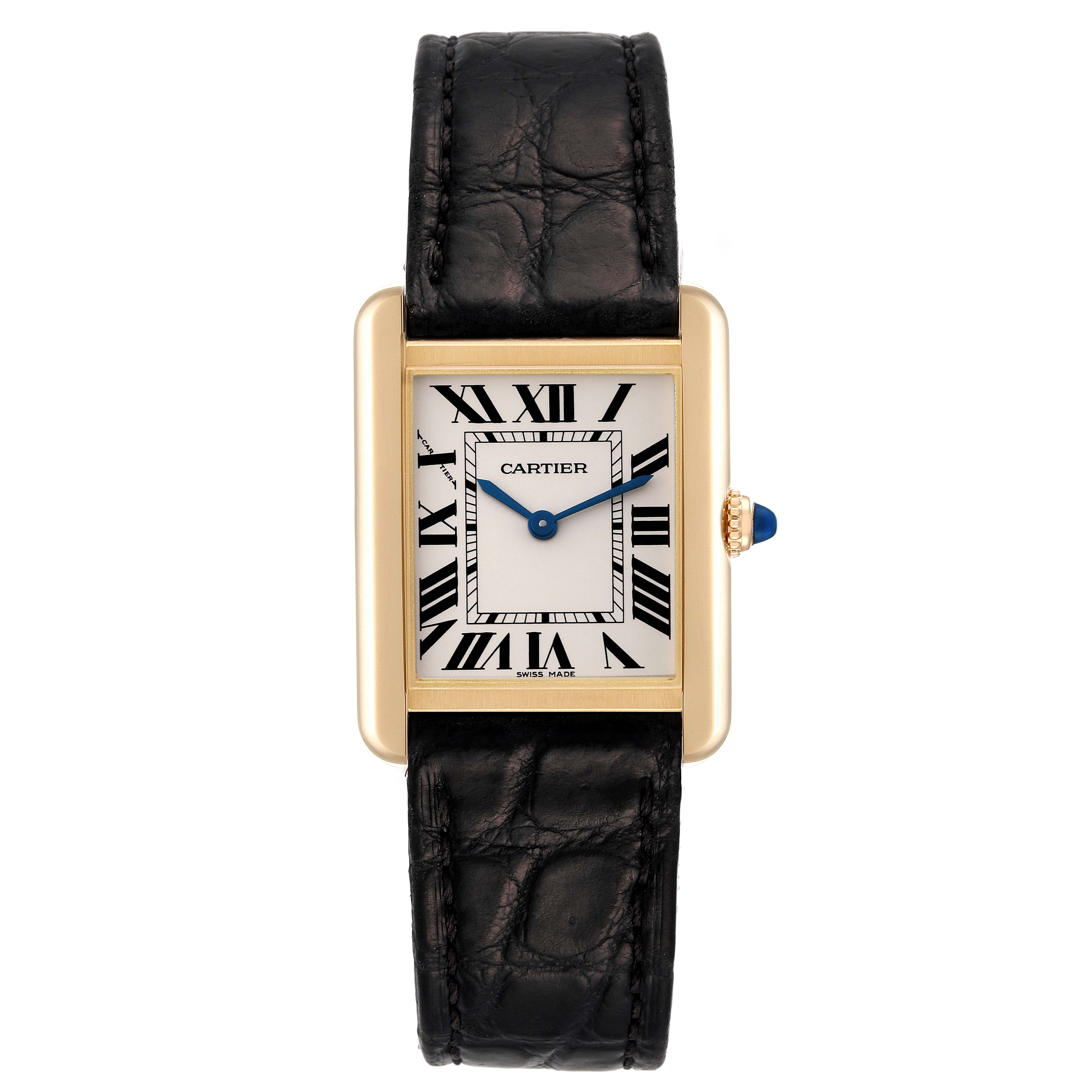 The image shows a front view of the Cartier Tank Solo W5200002 Women's Yellow Gold Silver Dial W5200002 Women's Yellow Gold Silver Dial watch, showcasing its rectangular face, Roman numeral markers, and black leather strap.