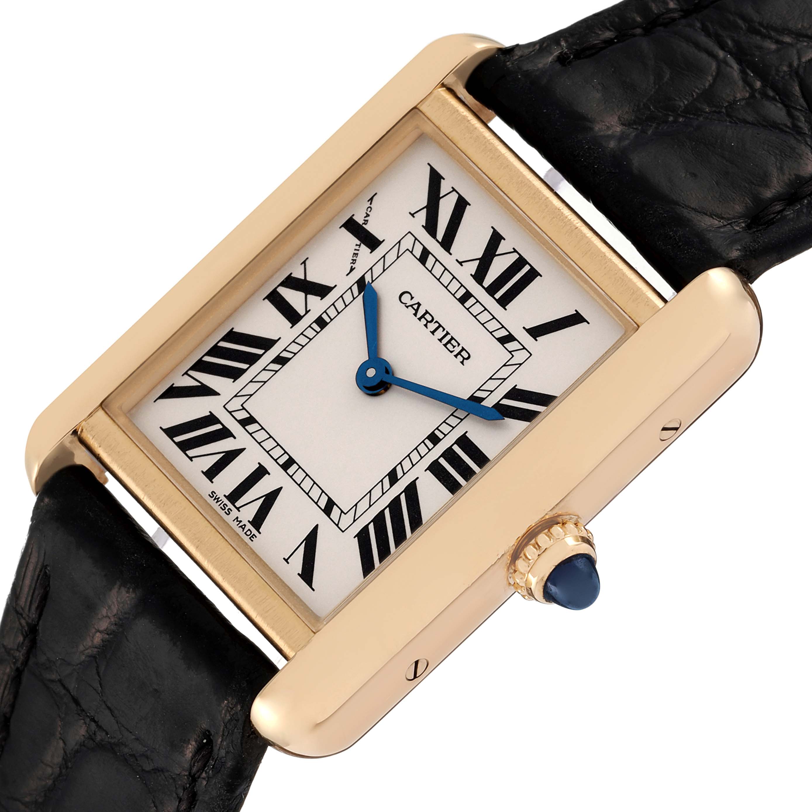 This image shows a close-up side angle of the Cartier Tank Solo W5200002 Women's Yellow Gold Silver Dial W5200002 Women's Yellow Gold Silver Dial watch, displaying the dial, crown, and part of the leather strap.