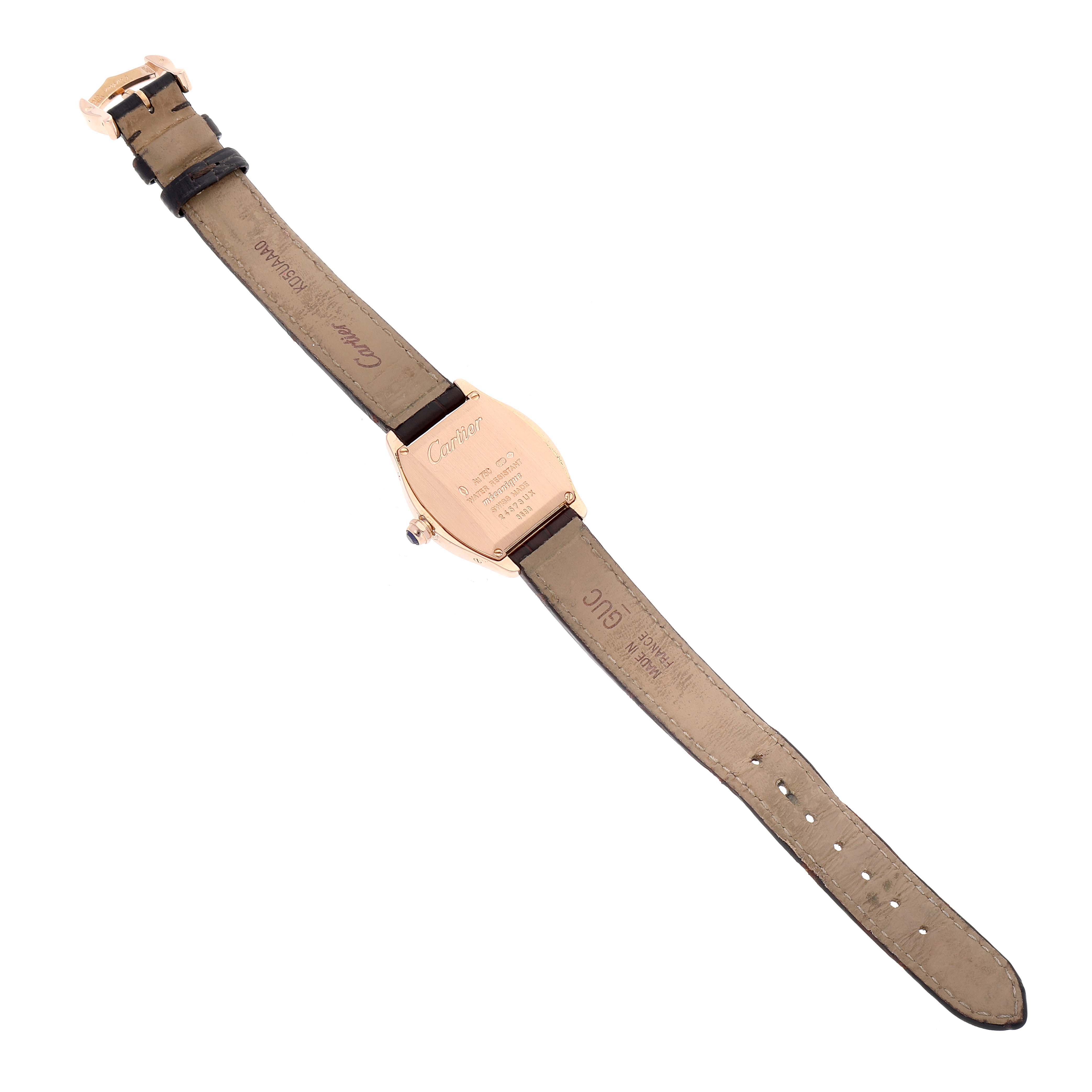 The image shows the back view of a Cartier Tortue W1556360 Women's Rose Gold Silver Dial W1556360 Women's Rose Gold Silver Dial watch, displaying the case back and entire leather strap.