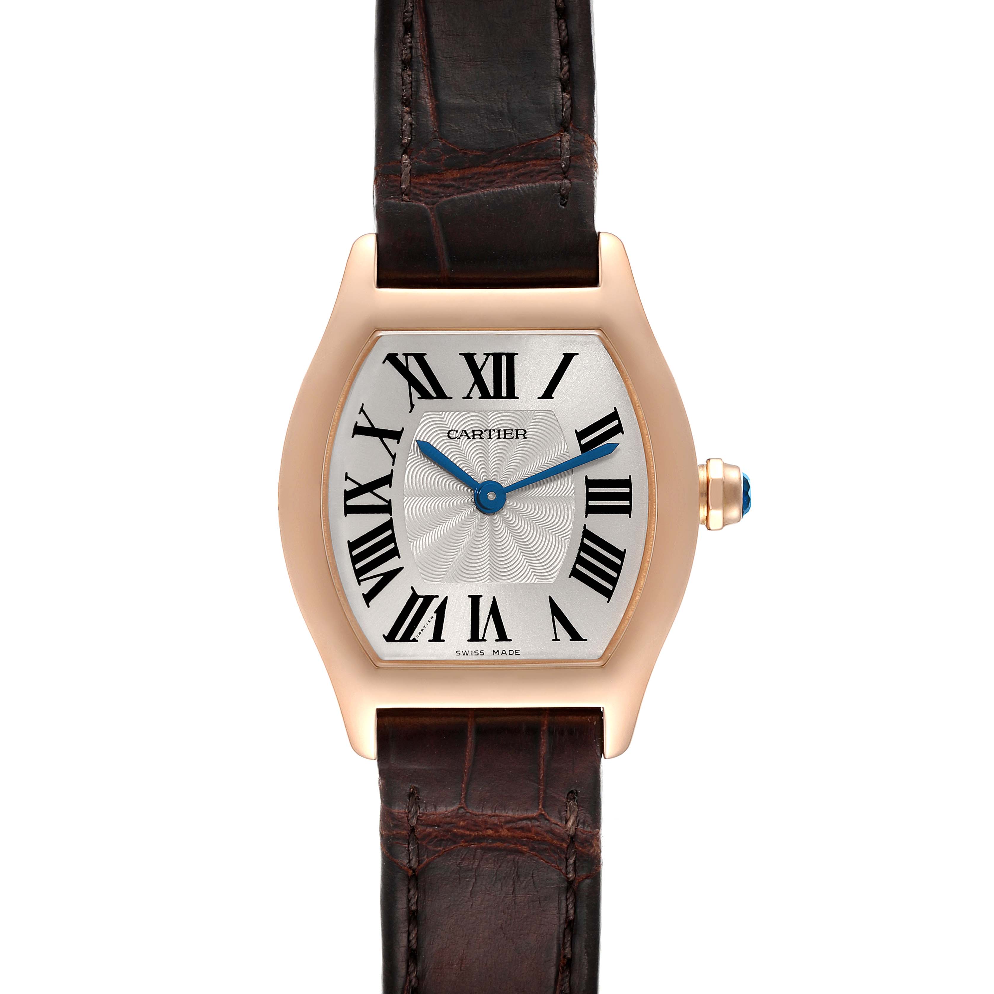 The image shows a front view of the Cartier Tortue W1556360 Women's Rose Gold Silver Dial W1556360 Women's Rose Gold Silver Dial watch, highlighting its dial, straps, and crown.