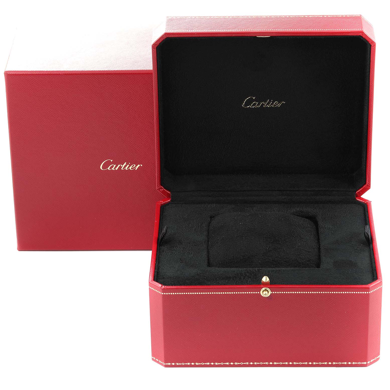 The image shows an open red Cartier watch box for the Tortue model, displaying the interior with a black cushion.